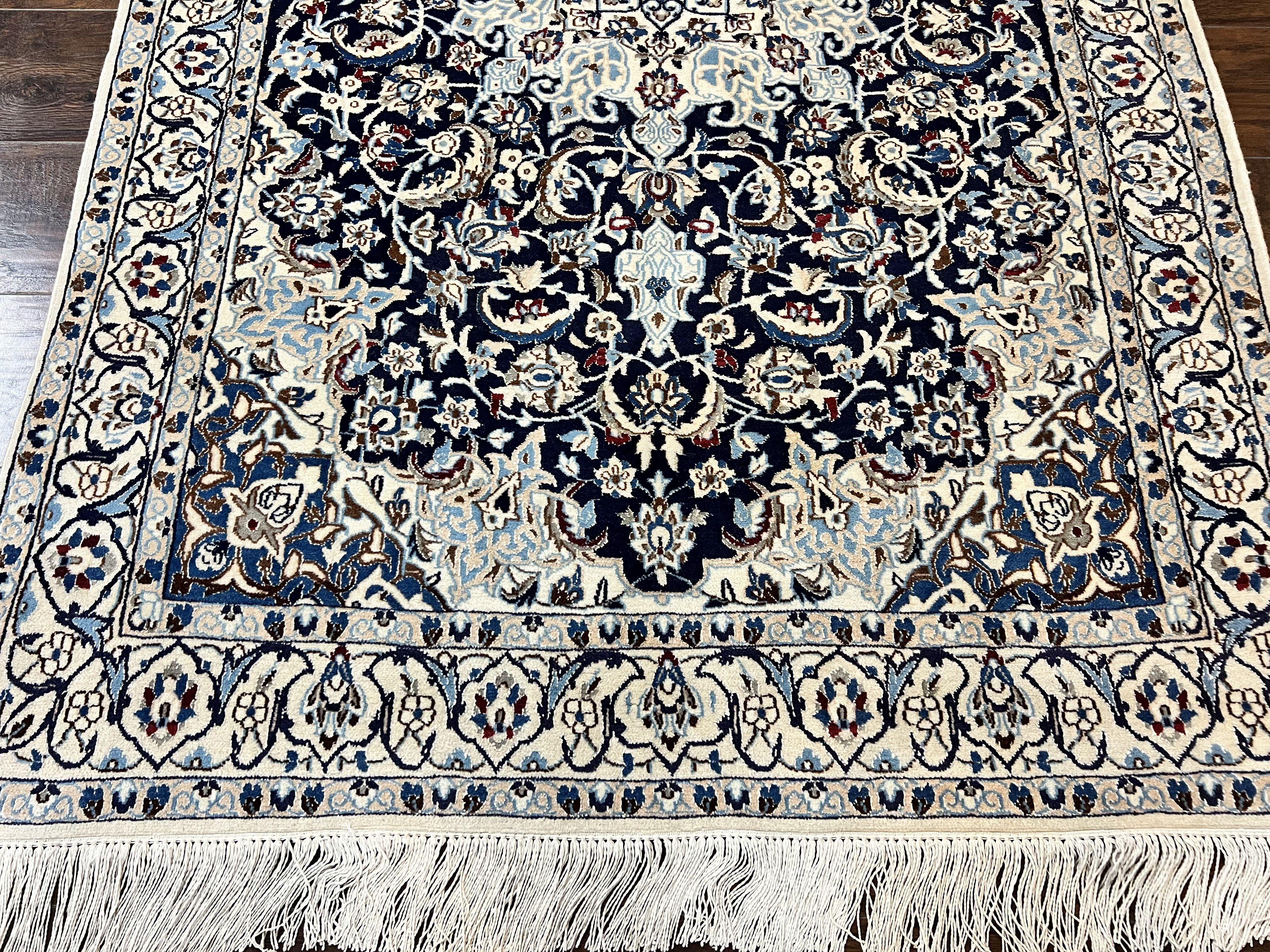 Persian Nain Rug 4x6, Floral, Hand Knotted Vintage Wool & Silk Highlights, Signature from Masterweaver, Navy Blue and Ivory - Jewel Rugs