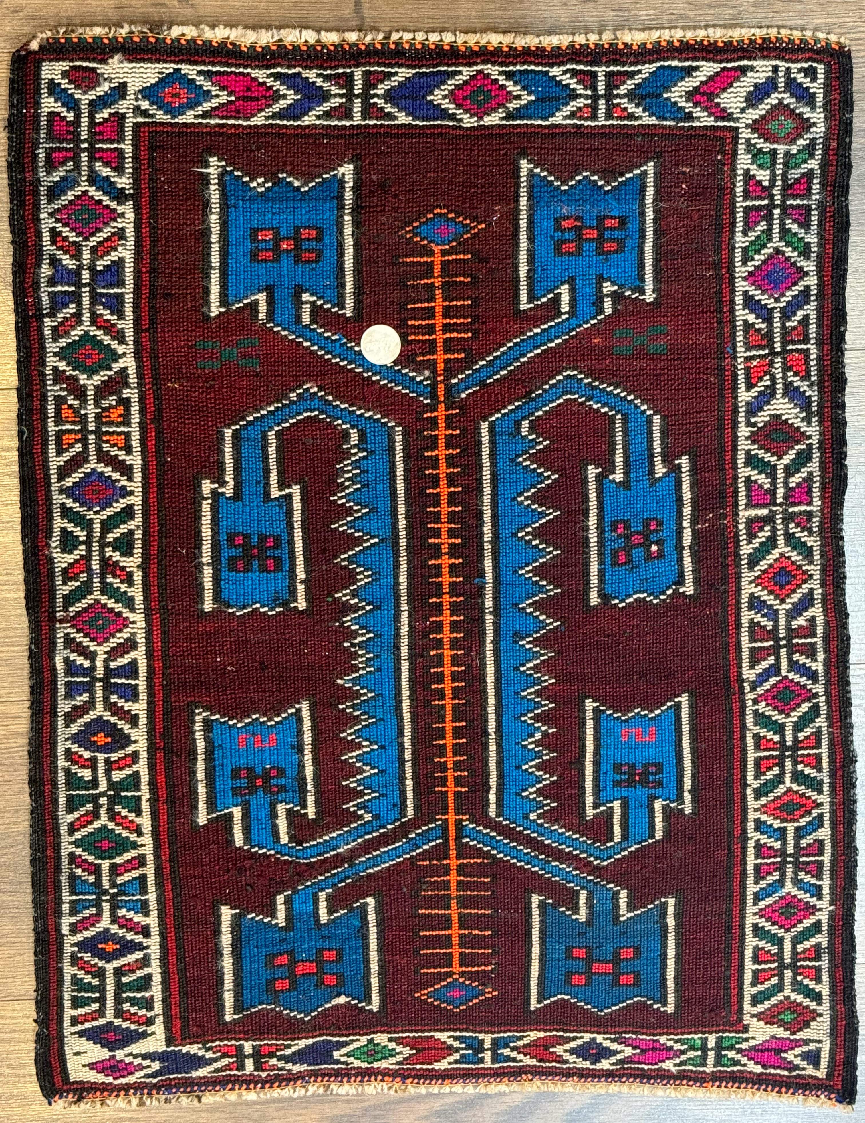 Persian Tribal Rug 1.8 x 2, Small Balouchi Rug, Unique Design, Burgundy and Blue - Jewel Rugs