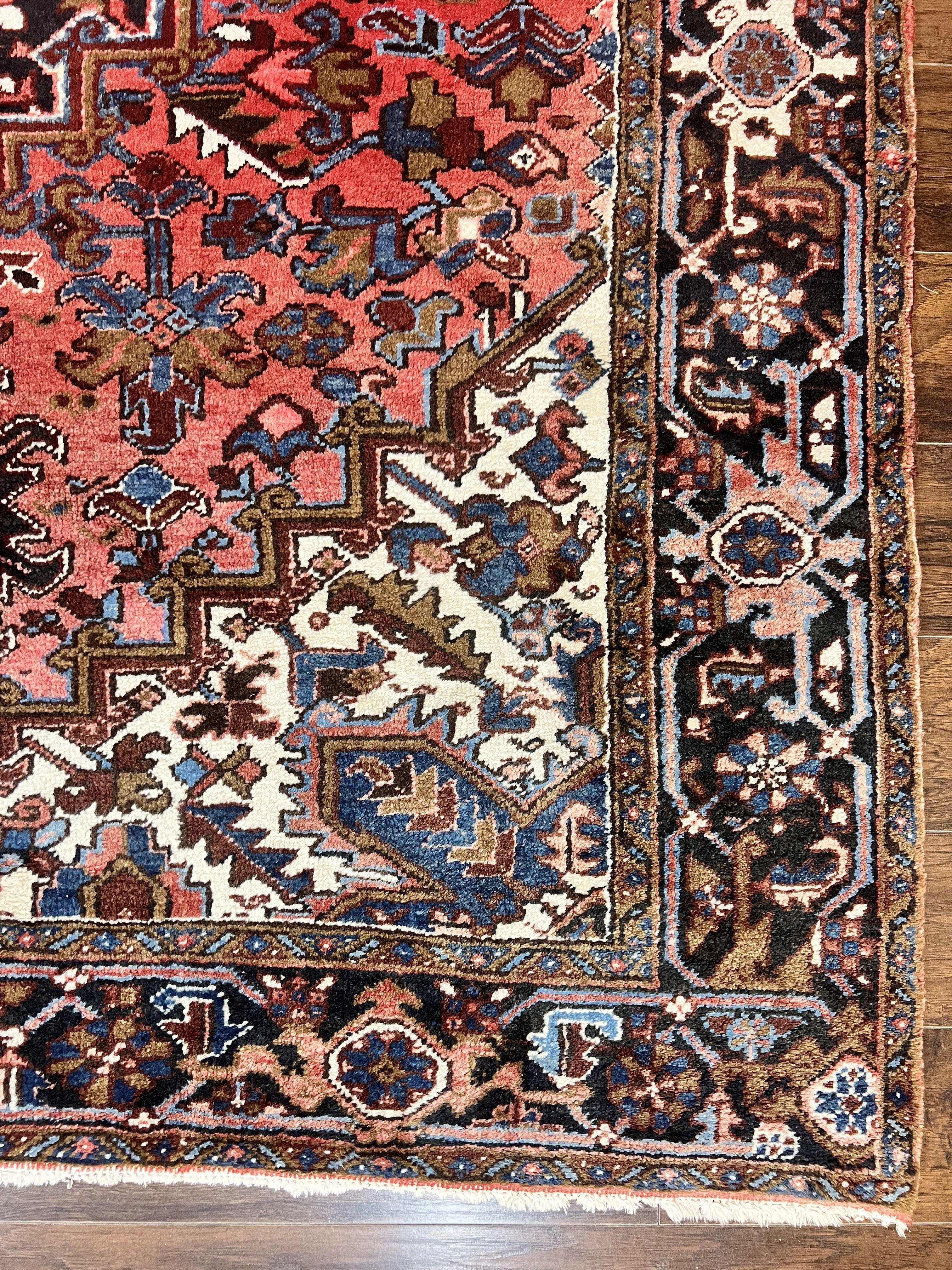 Persian Heriz Rug 7x10, Wool Hand Knotted Vintage Geometric Carpet, Red and Ivory, 7 x 10 Oriental Rug - Jewel Rugs