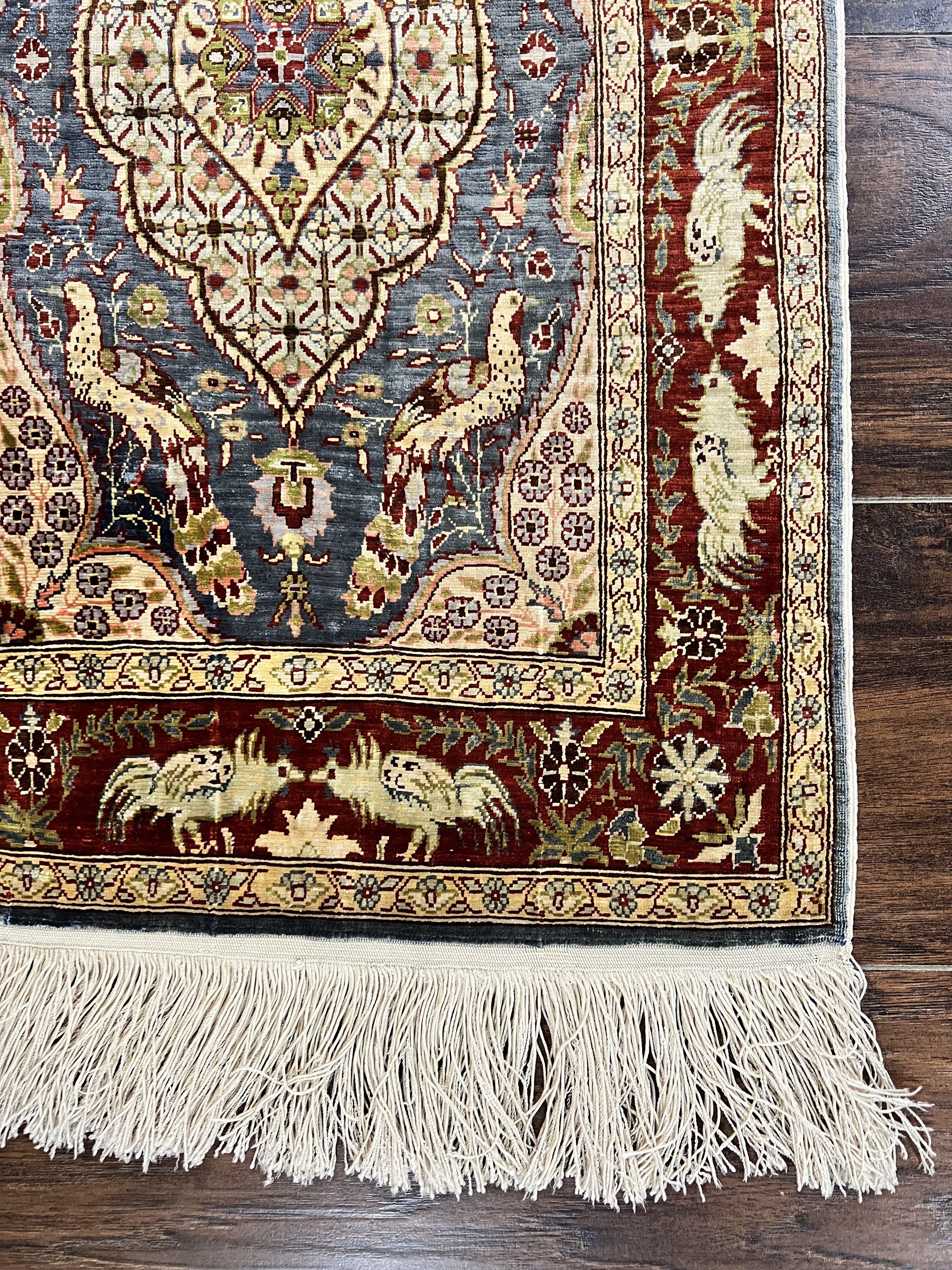 Silk Turkish Hereke Rug 2x3, Peacocks Birds, Signature from Master Weaver, Super Finely Hand Knotted 550 KPSI, Animal Pictorials - Jewel Rugs
