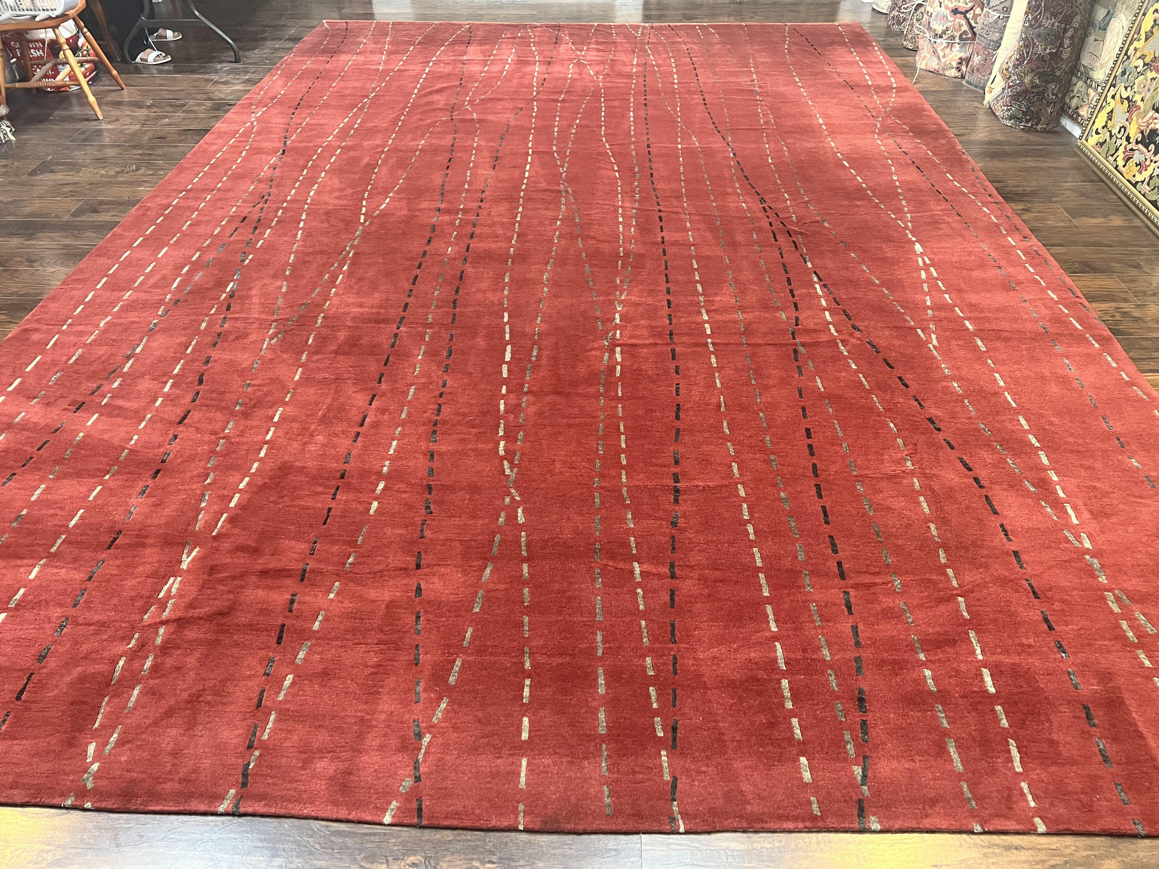 Oversized Nepali Rug 11x17, Wool & Silk Hand Knotted Modern Carpet, Red Extra Large Handmade Tibetan Carpet - Jewel Rugs