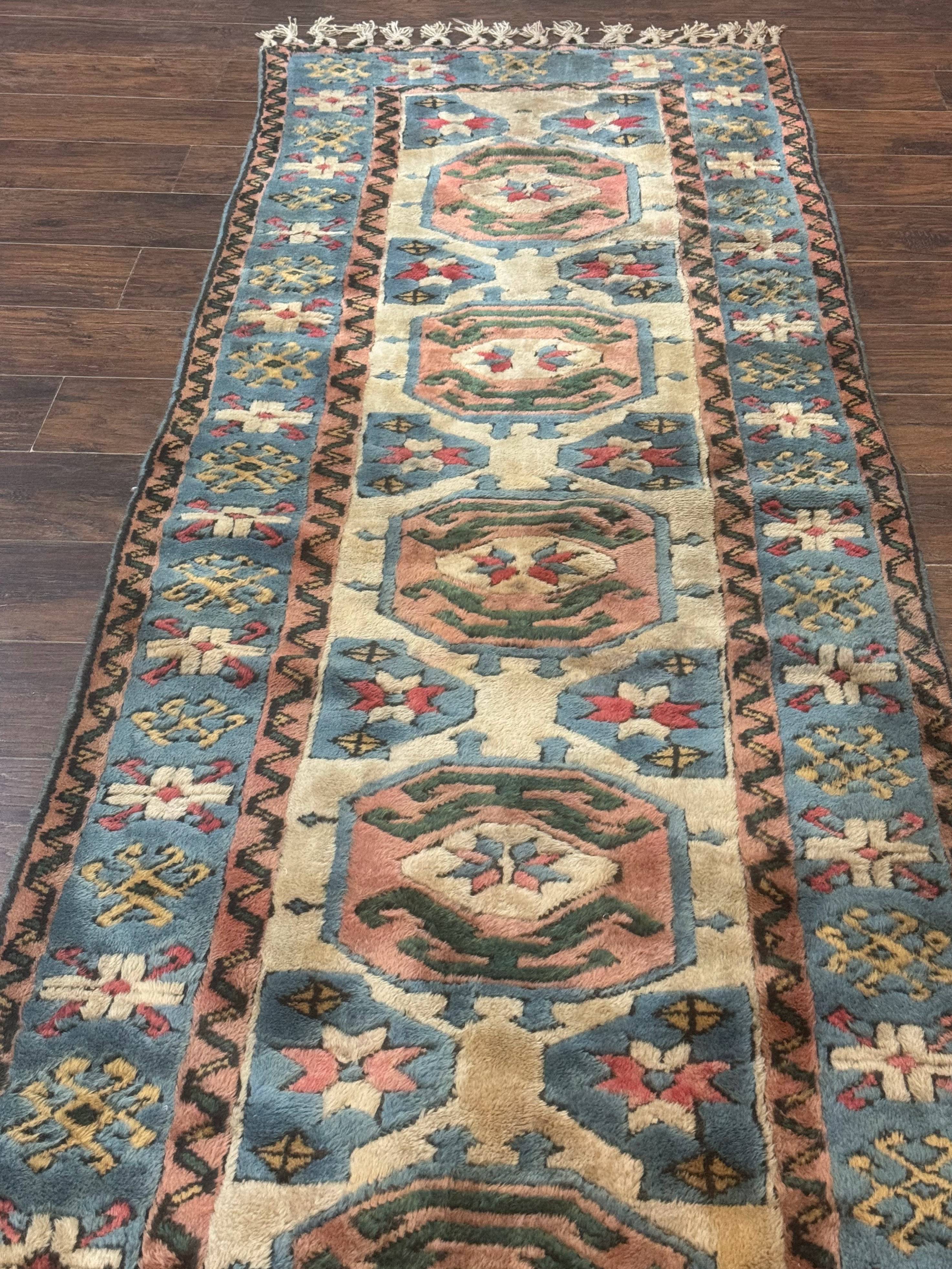 Turkish Kazak Runner Rug 3x11, Cream and Light Blue, Vintage - Jewel Rugs