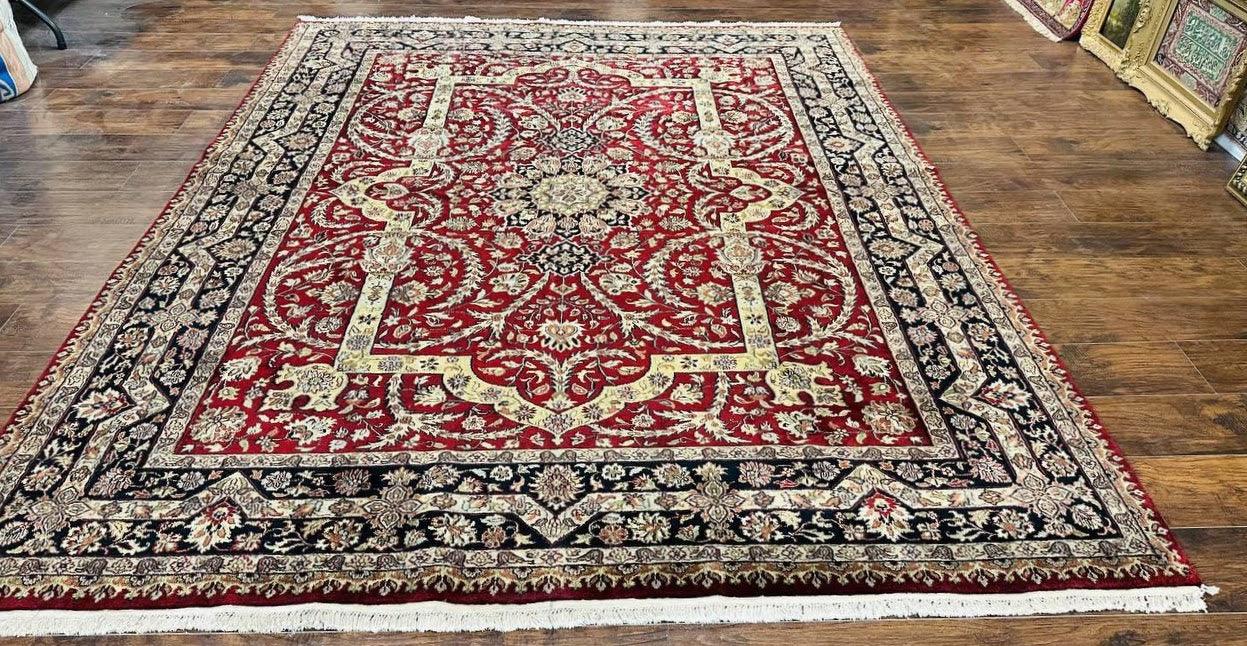 Indo Persian Rug 8x10, Red Vintage Wool Traditional Carpet, Floral, Handmade - Jewel Rugs