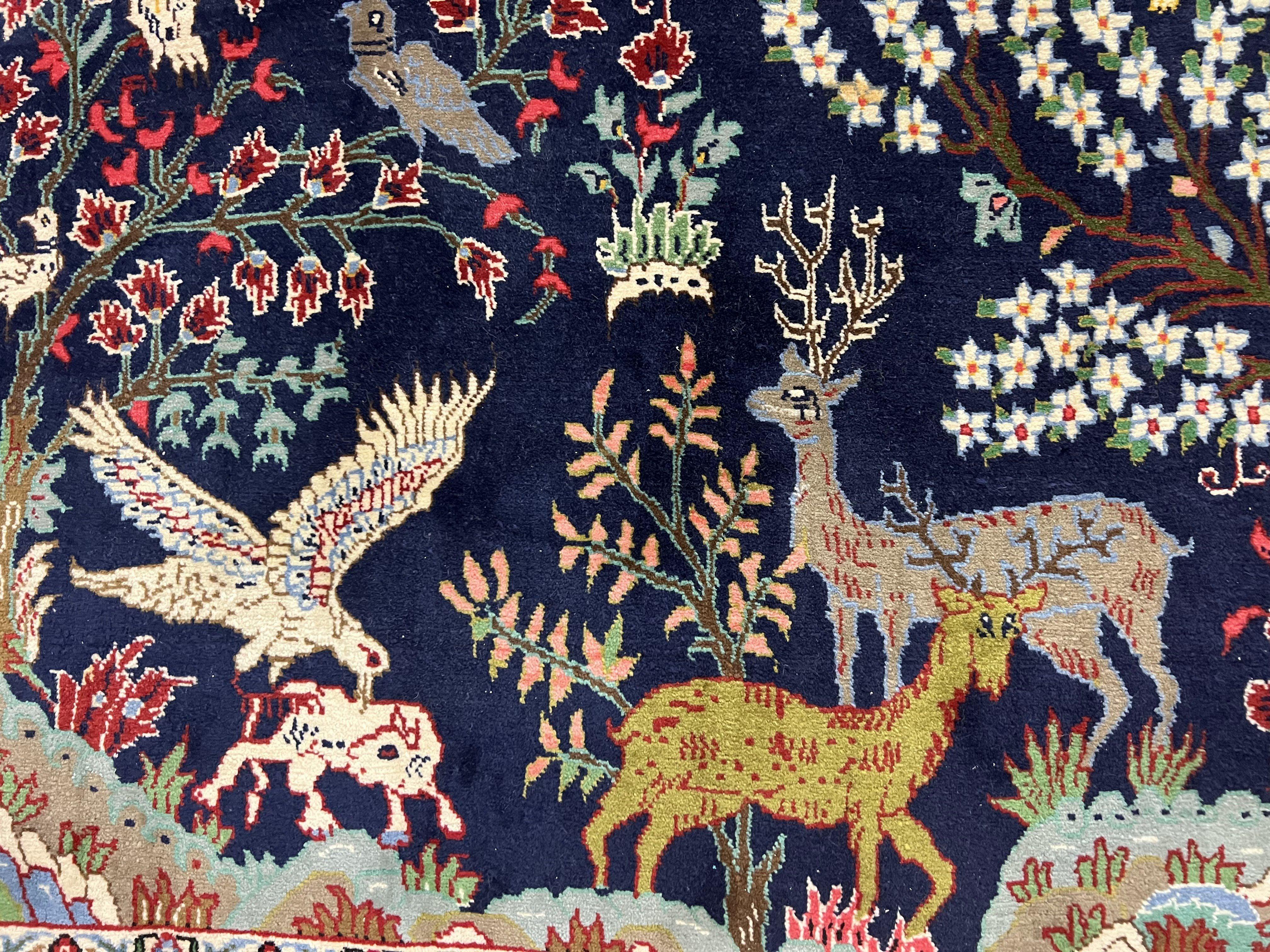 Small Persian Qum Rug 3x5, Animal Pictorials, Tree of Life, Hand Knotted Handmade Vintage Wool Oriental Carpet, Flowers Deer Birds, Dark Blue - Jewel Rugs
