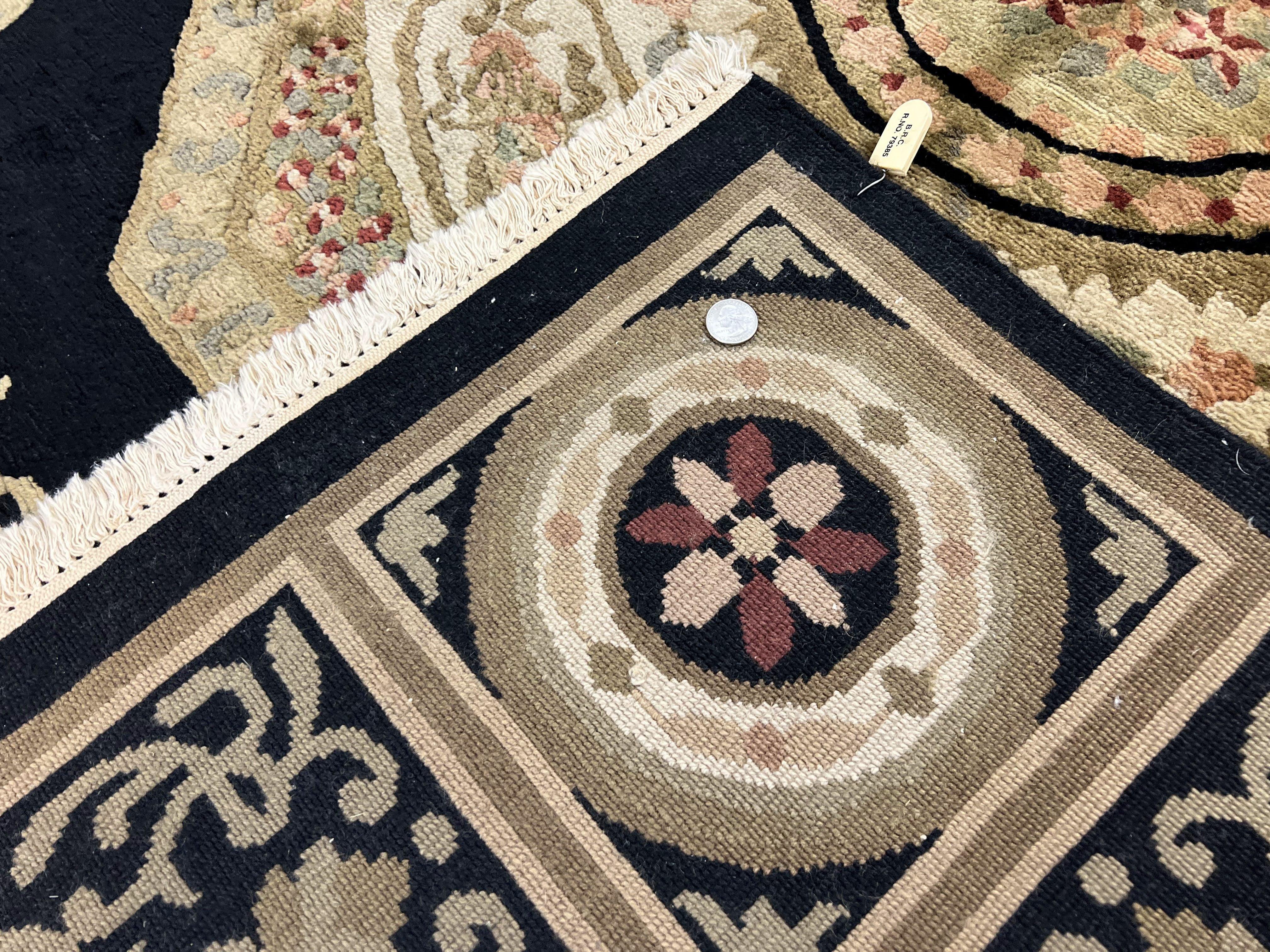 Tibetan Rug 8x10, Nepali Area Rug, Soft New Zealand Wool Carpet 8 x 10 ft, Black Tan Beige, Vintage Handmade Rug, French Aubusson Pattern - Jewel Rugs
