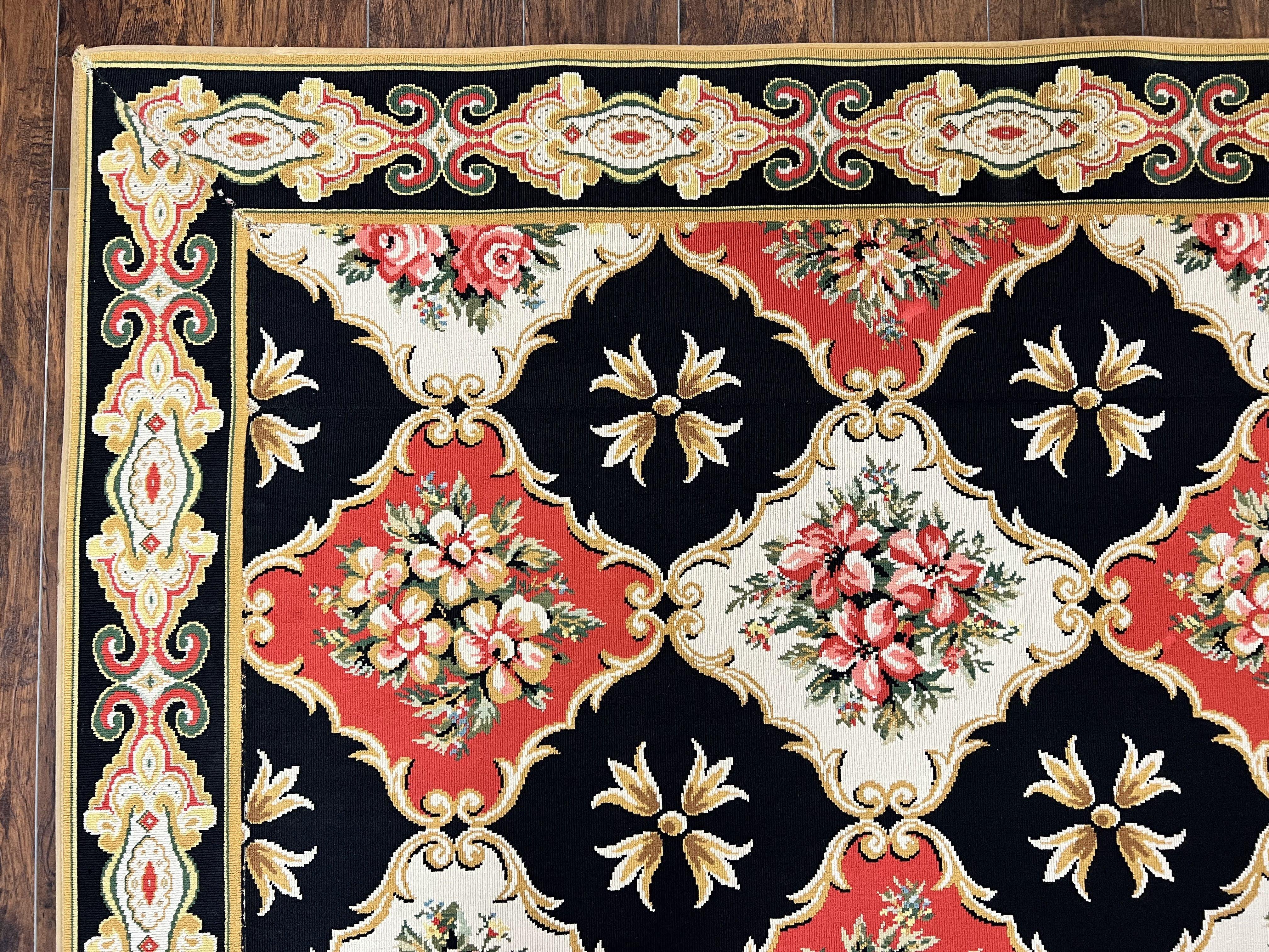 Large Stark Area Rug 9.6 x 11.7, Custom Vintage Stark Carpet, Red Black Ivory, European Design, Panels, Florals - Jewel Rugs