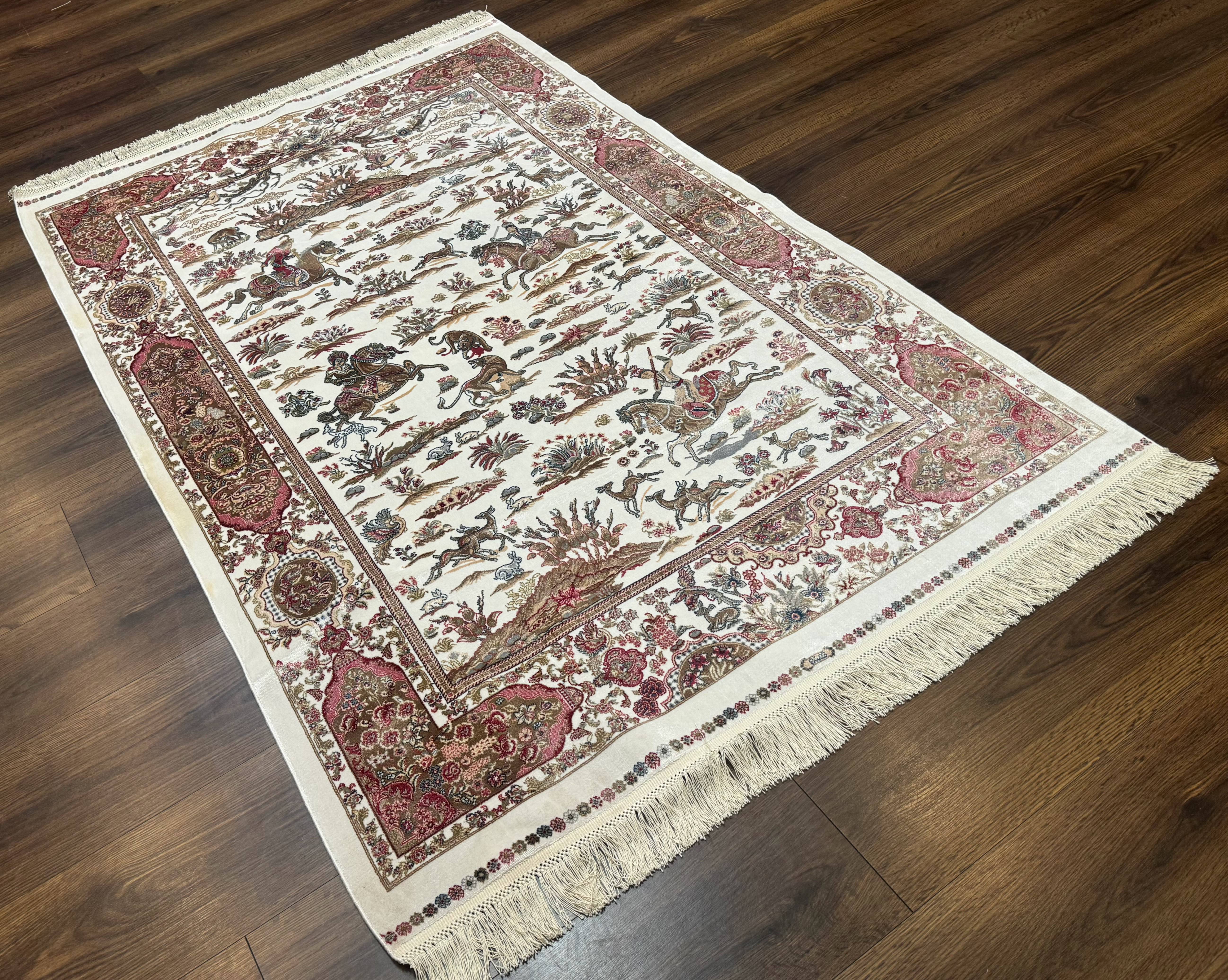 Turkish Silk Hunting Scene Rug 4x6, Ivory, Bamboo Silk, New - Jewel Rugs