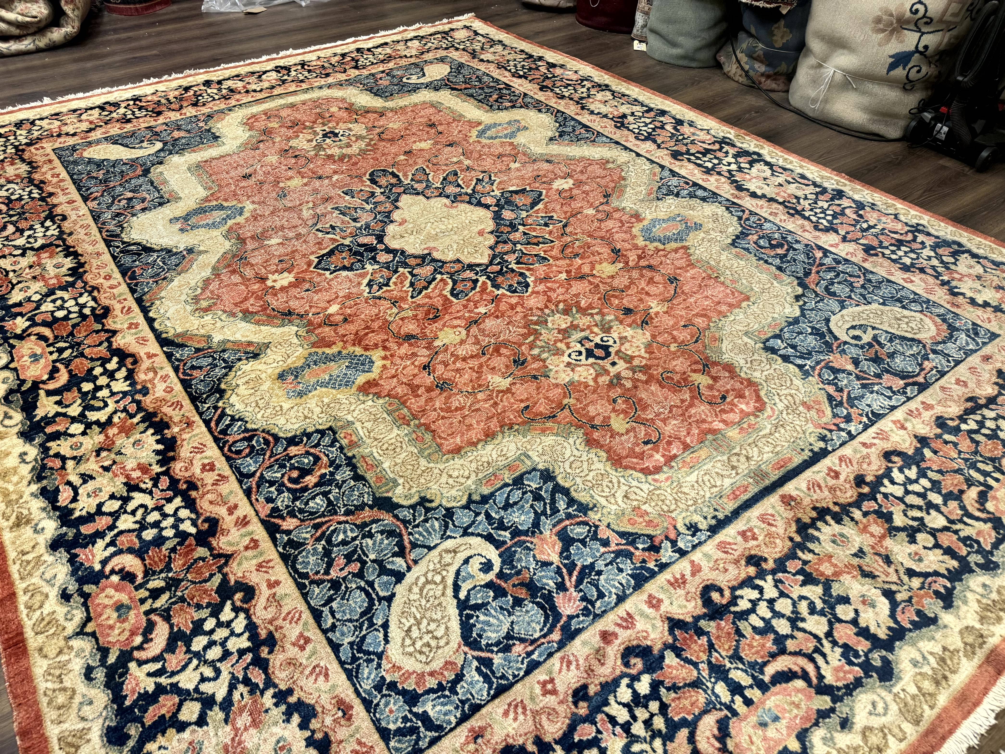 Antique Persian Sarouk Rug 9x12, Boteh Paisleys, Light Red Navy Blue - Jewel Rugs