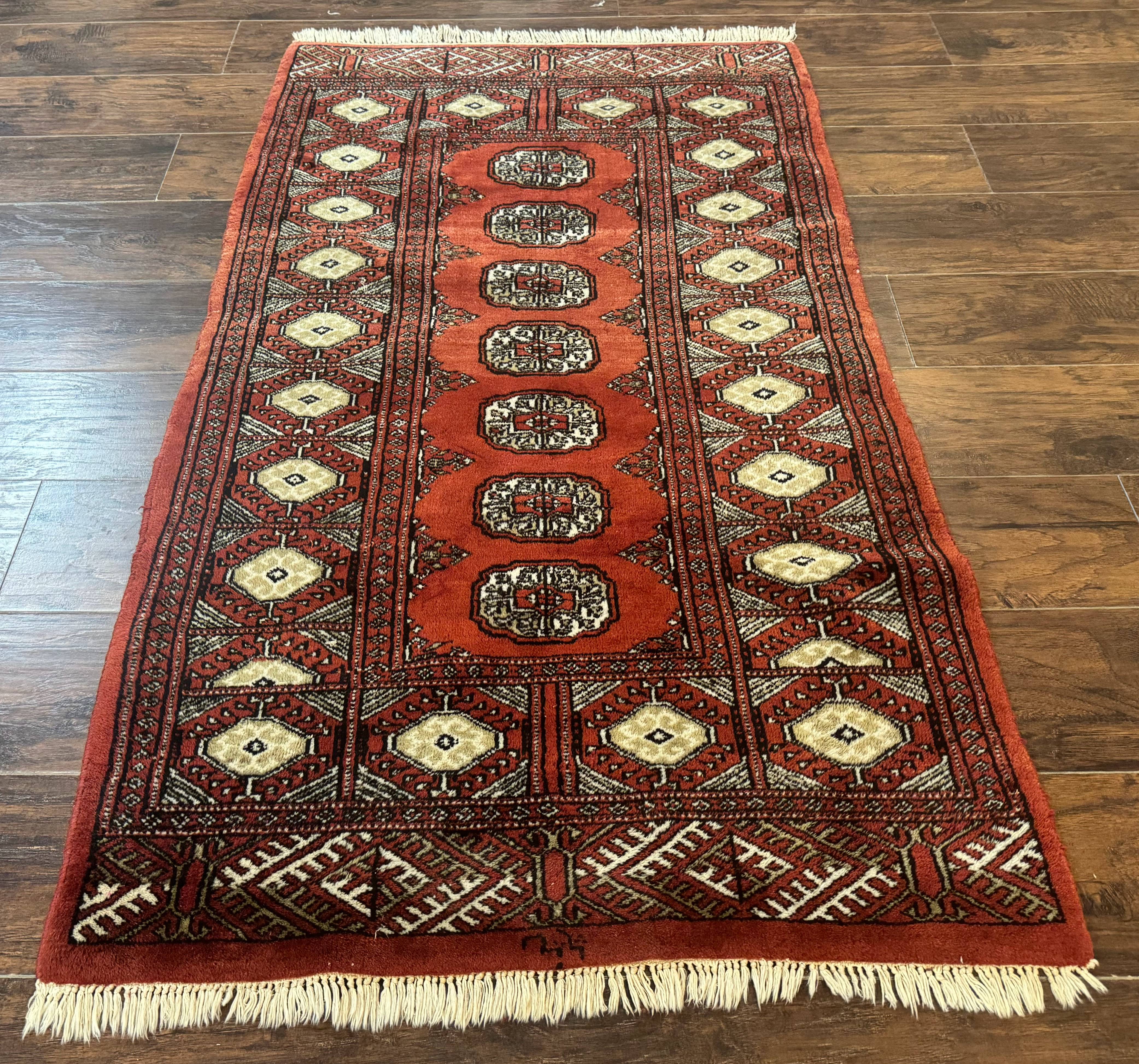 Red Pakistani Turkoman Rug 3x5, Bokhara Design, Vintage, Signed - Jewel Rugs