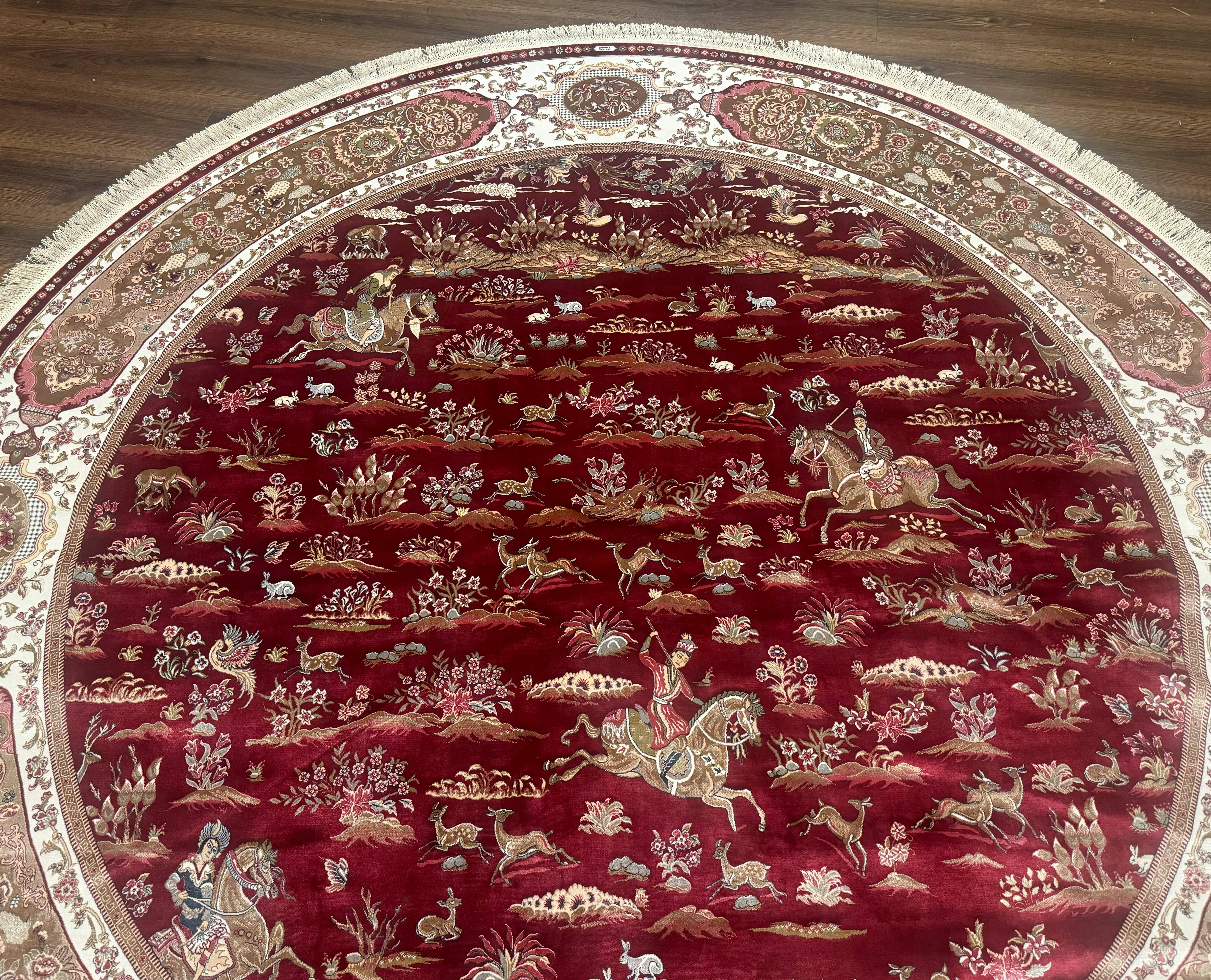 Large Round Turkish Silk Rug 8x8, Hunting Design, Dark Red & Ivory, Bamboo Silk - Jewel Rugs