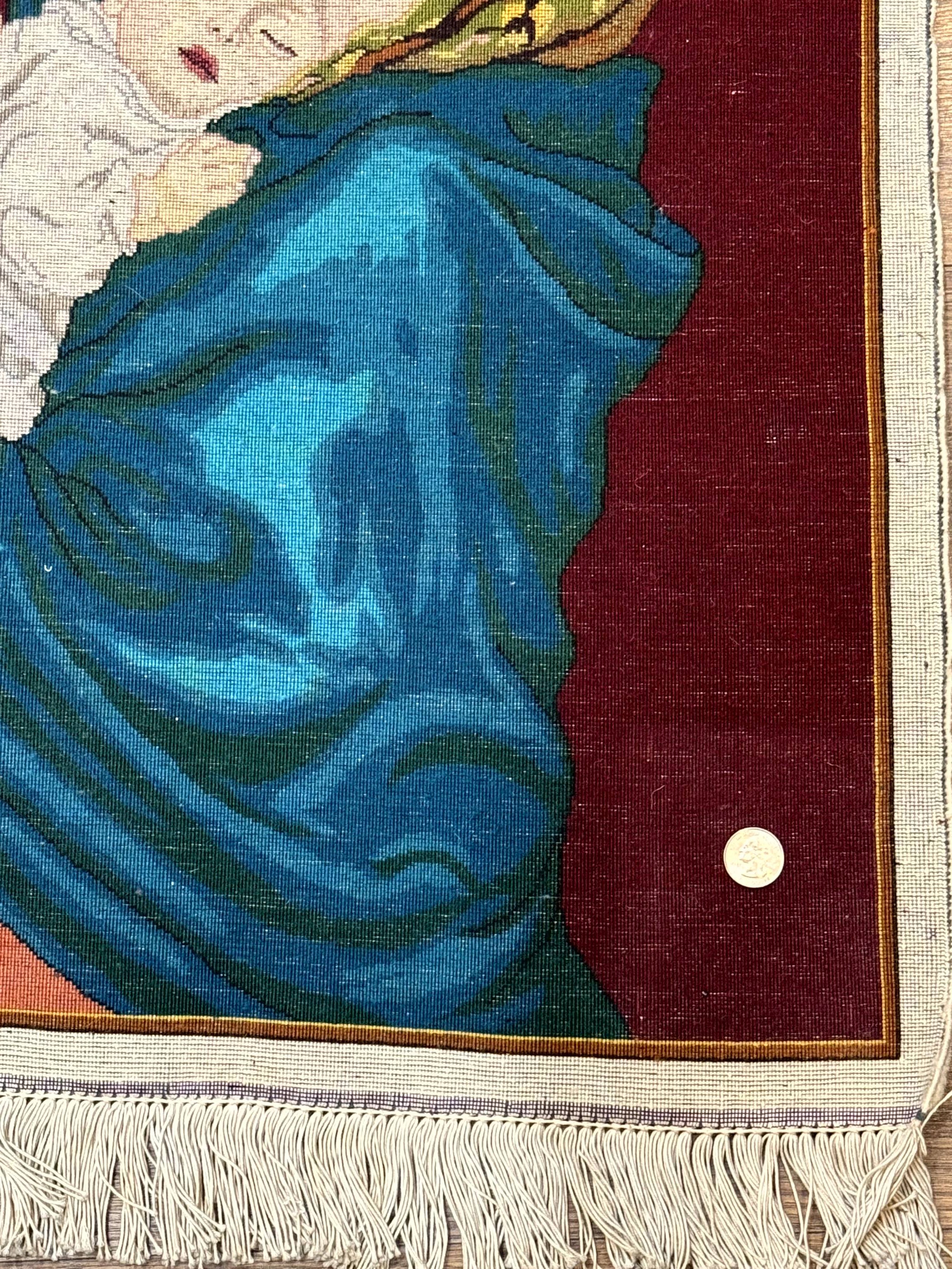 Small Persian Tabriz Pictorial Rug 2x2, Mother Holding Child, Very Fine 340 KPSI, Maroon - Jewel Rugs