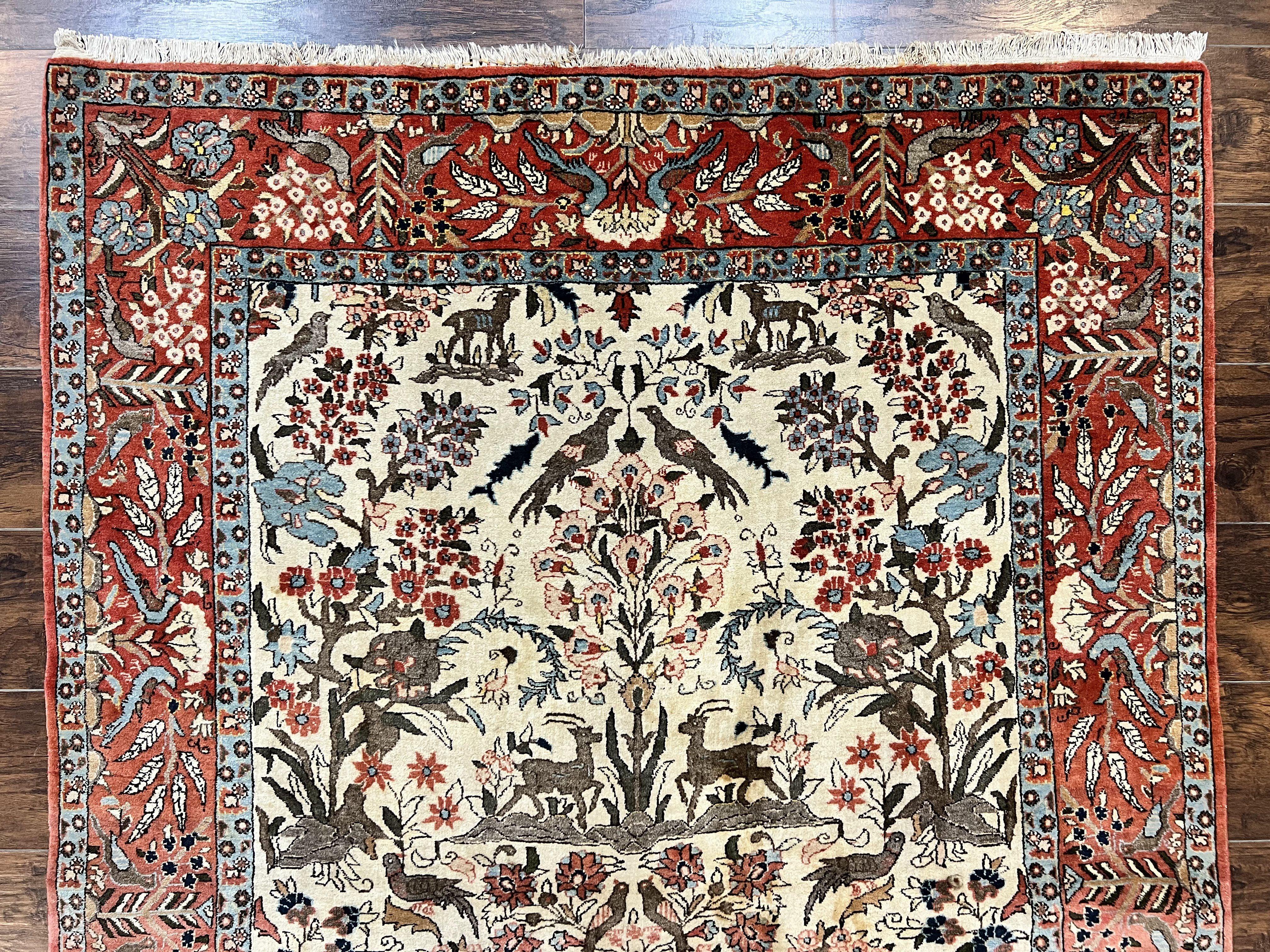Persian Tree of Life 5x7, Qum Rug, Animal Motifs, Deer Birds, Fine 225 KPSI, Semi Antique Vintage Handmade Wool Rug, Cream Red - Jewel Rugs
