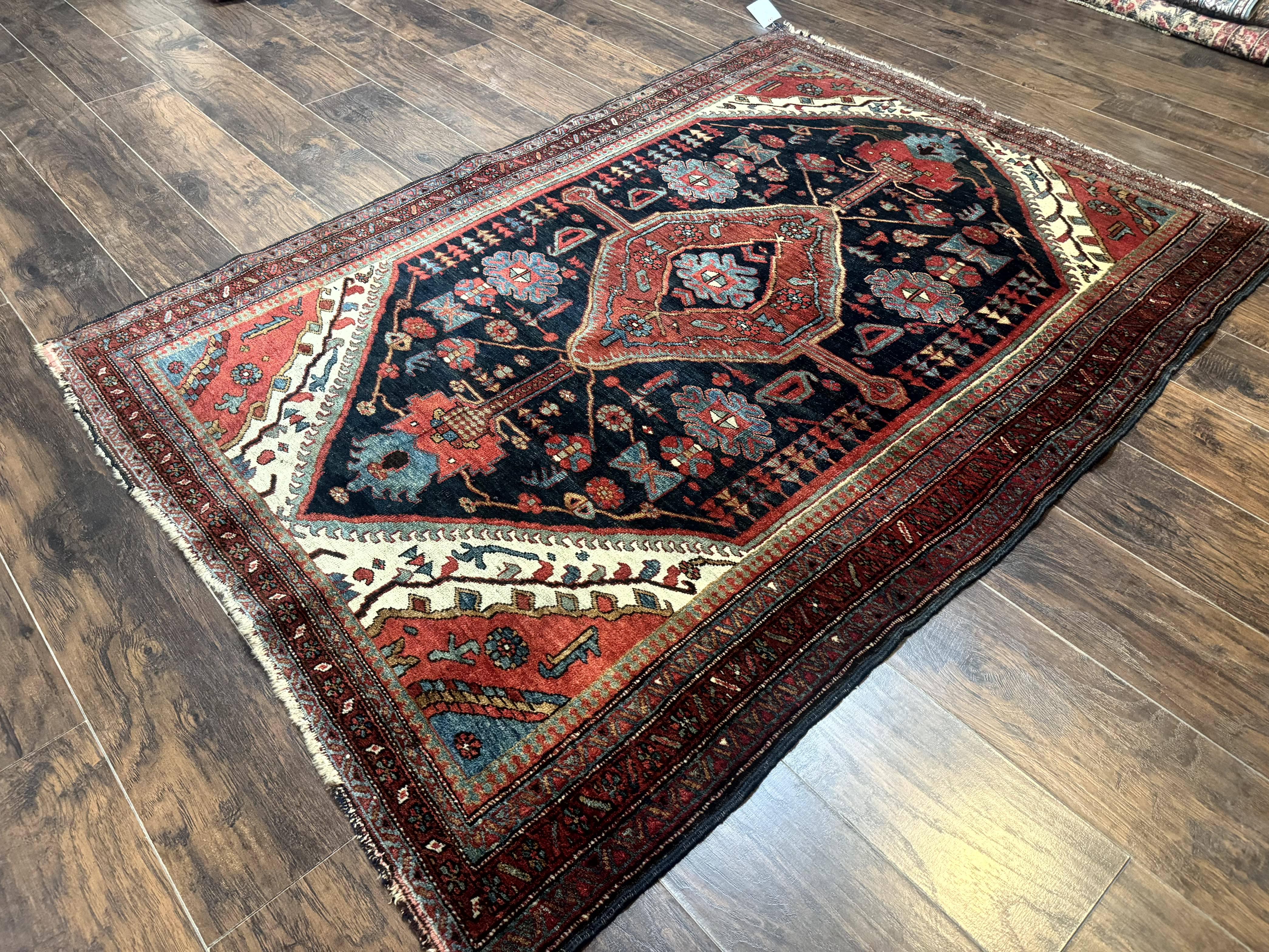 Antique Persian Bidjar Rug 5x6, Navy Blue and Red, Persian Tribal Rug - Jewel Rugs