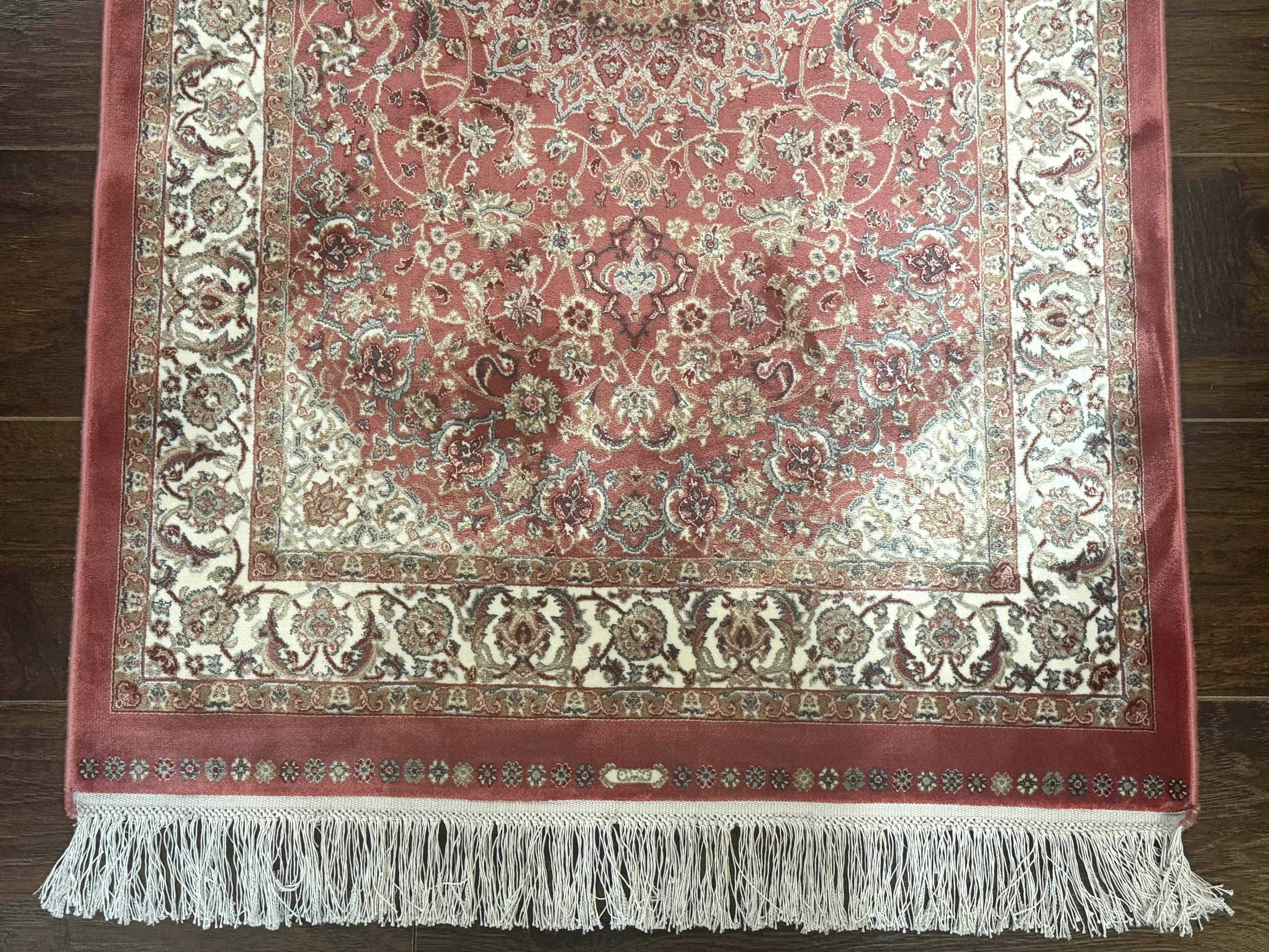 Turkish Silk Rug 2.6 x 4, Medallion, Pink and Ivory, Fine, Bamboo Silk - Jewel Rugs