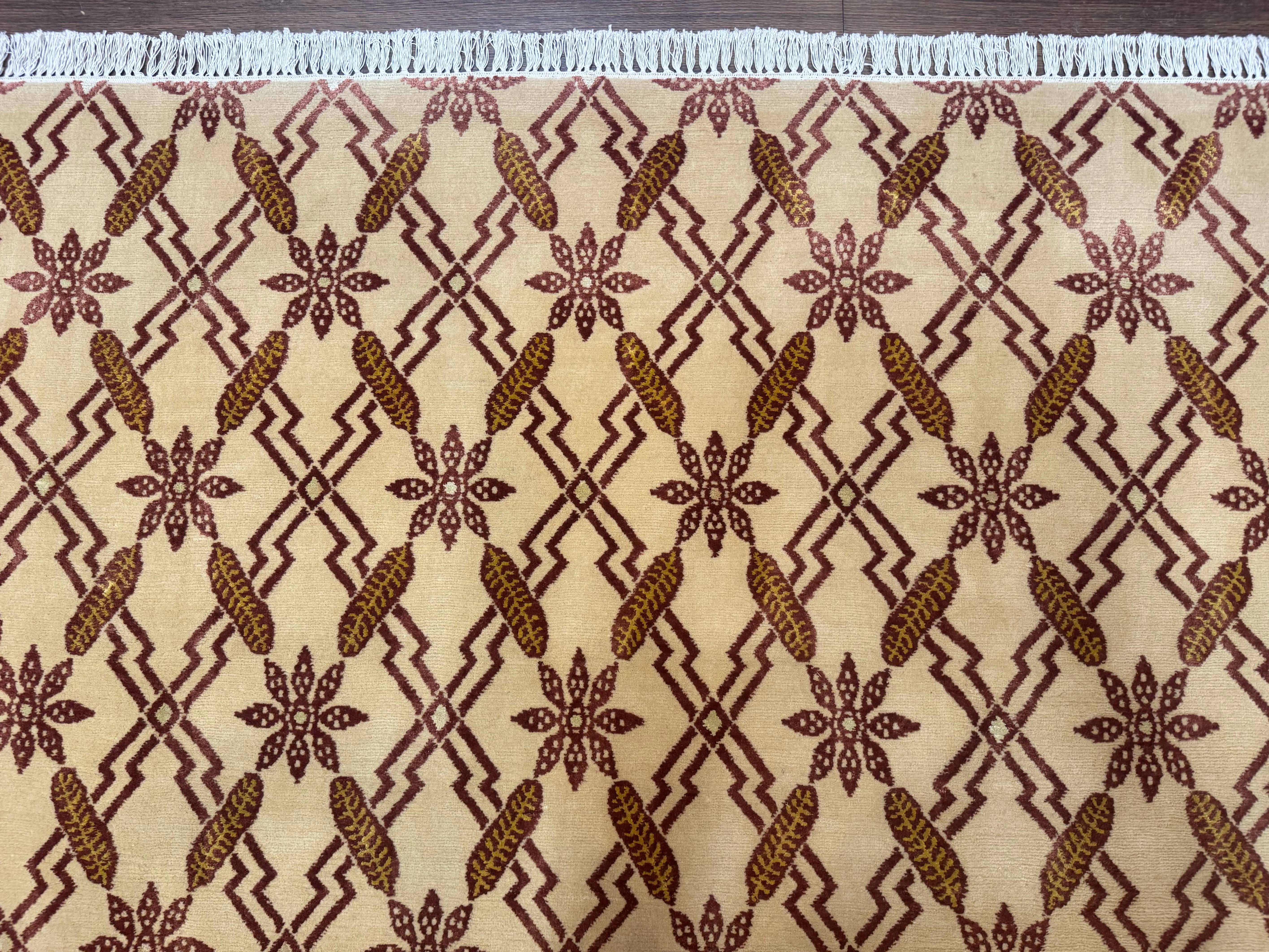 Tibetan Rug 8x10, Wool with Silk Highlights, Beige and Maroon, Contemporary Carpet - Jewel Rugs