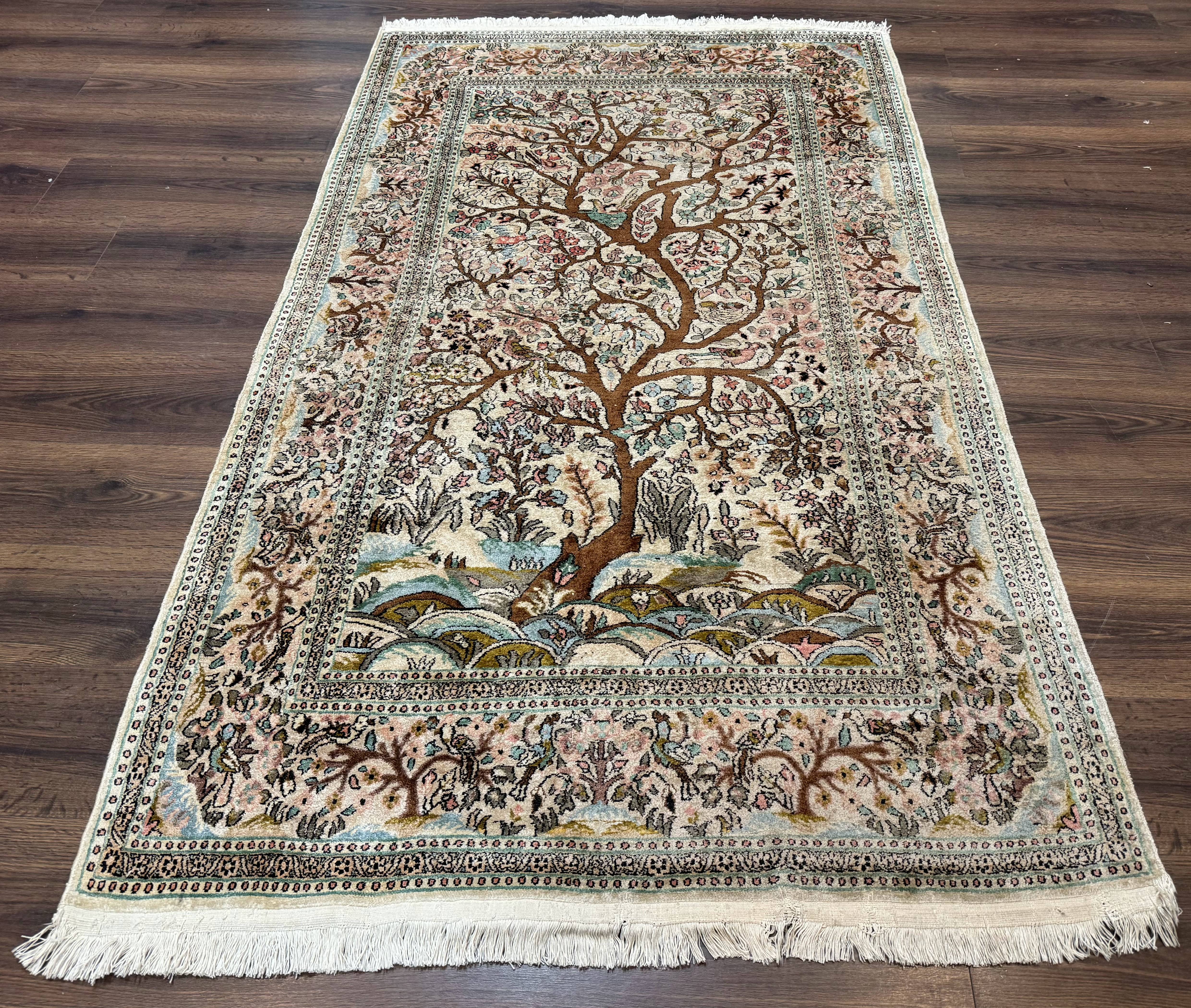 Indian Kashmiri Silk Rug 4x7, Tree of Life Design, Very Fine 380 KPSI, Birds - Jewel Rugs