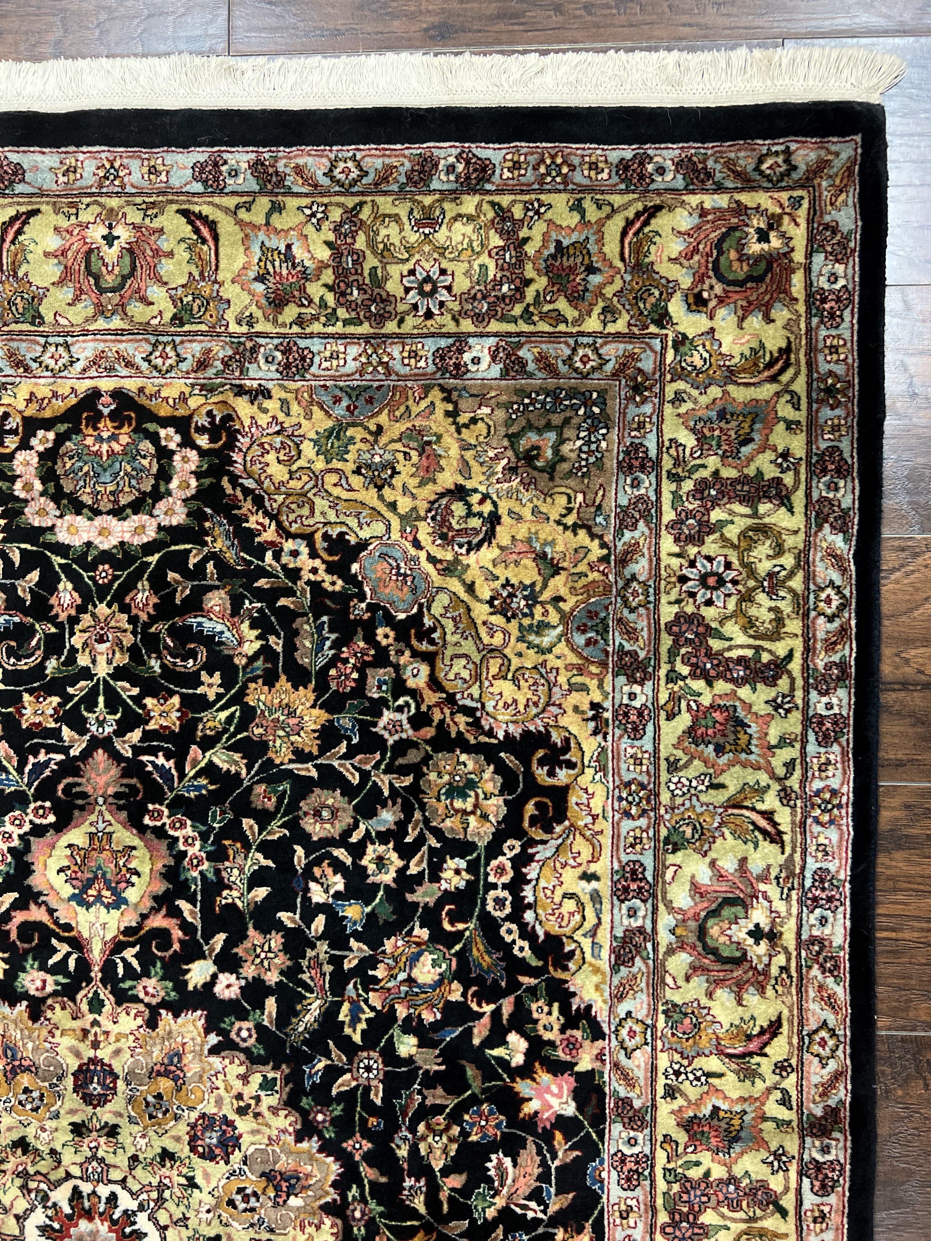 Indo Persian Rug 4x6, Fine Highly Detailed Indian Oriental Carpet 4 x 6 ft, Floral Medallion, Unique Colors, Black Light Gold, Wool Handmade - Jewel Rugs