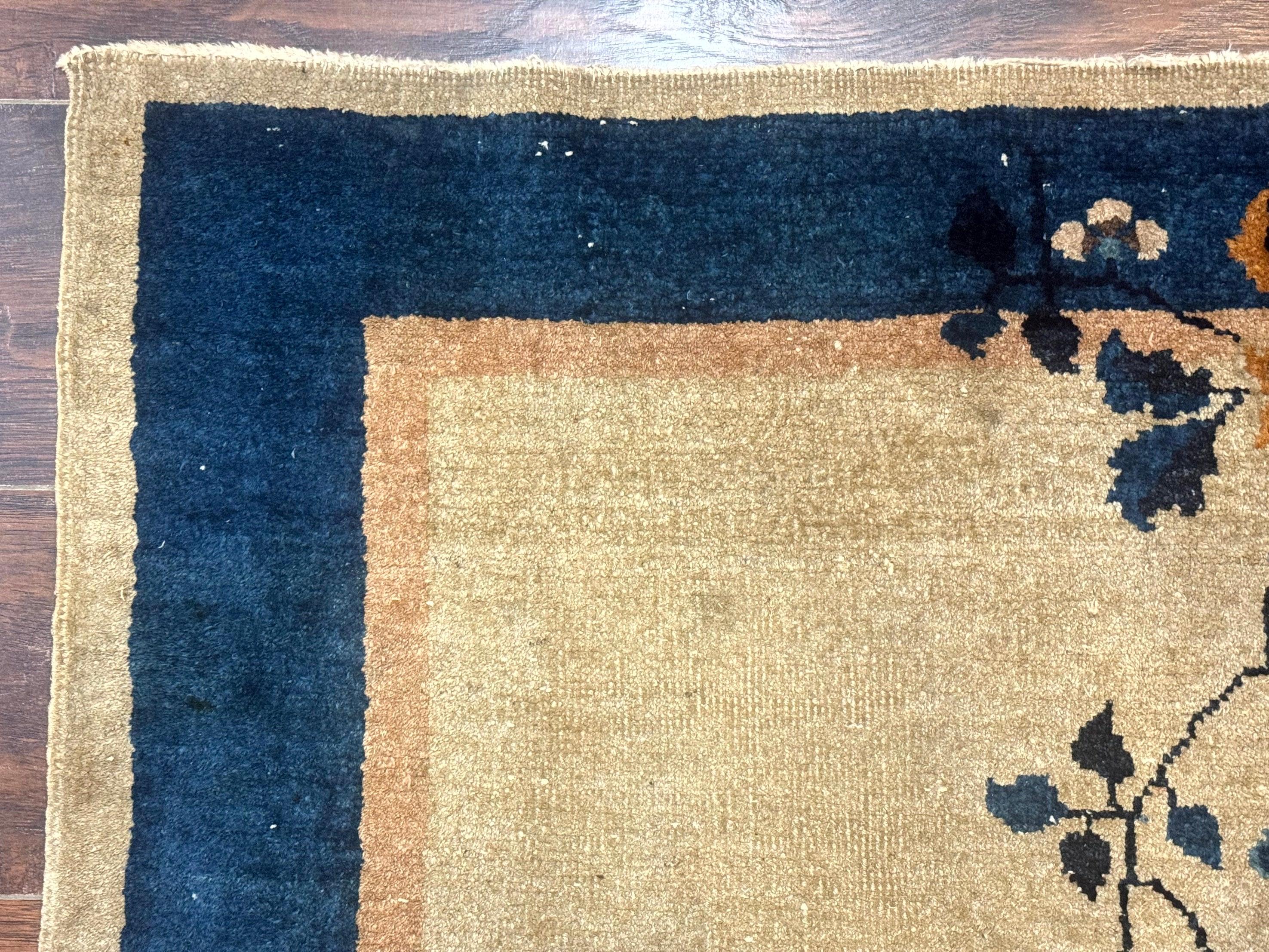Antique Chinese Wool Rug 2.7 x 5, Simple Design, Peking Carpet, 1920s Rug, Beige and Blue, Floral - Jewel Rugs