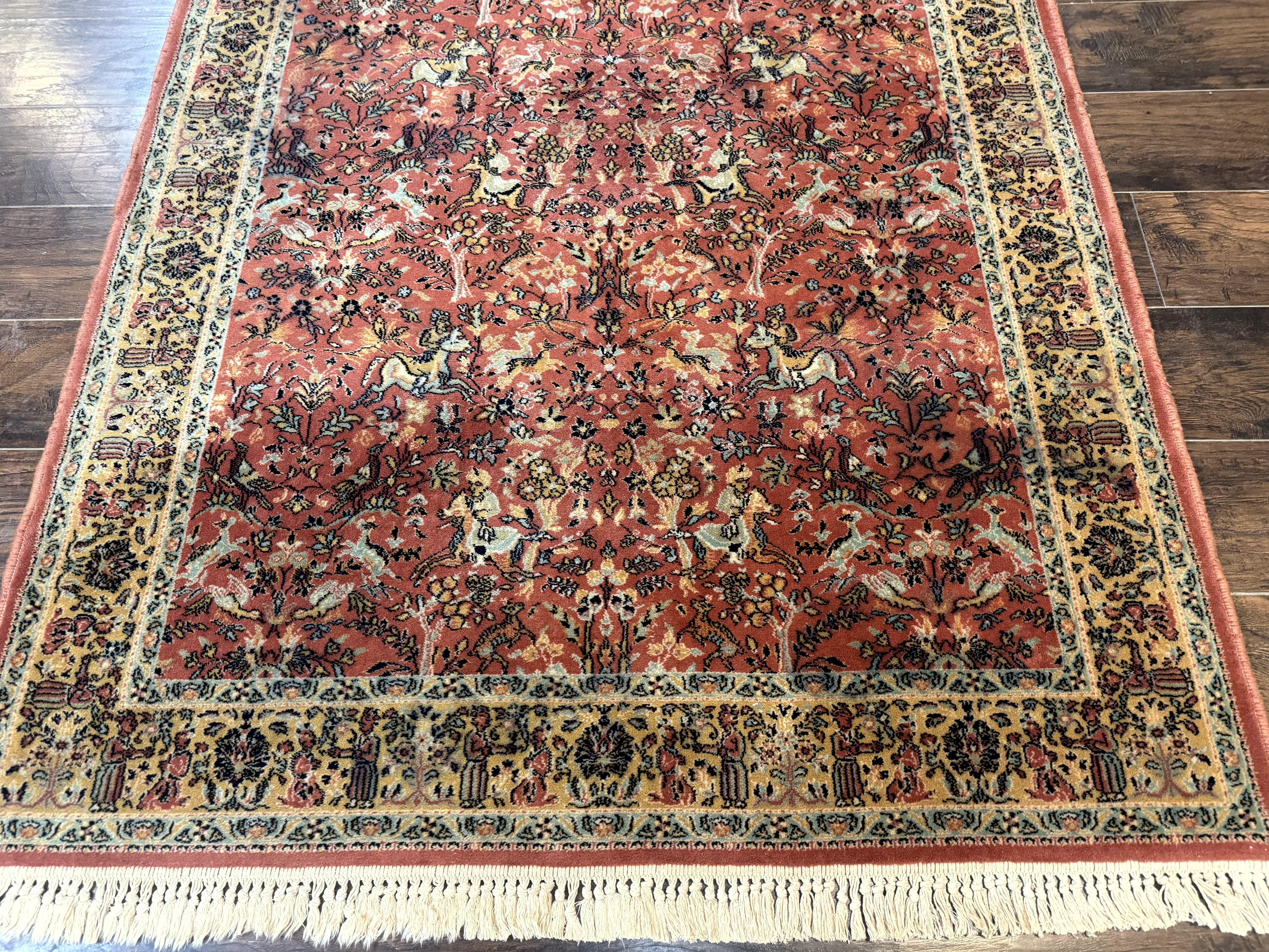 Persian Hunting Design Rug 4.7 x 6.5, Hunting Scene, Red-Orange, Wool, Belgian Power Loomed Carpet - Jewel Rugs