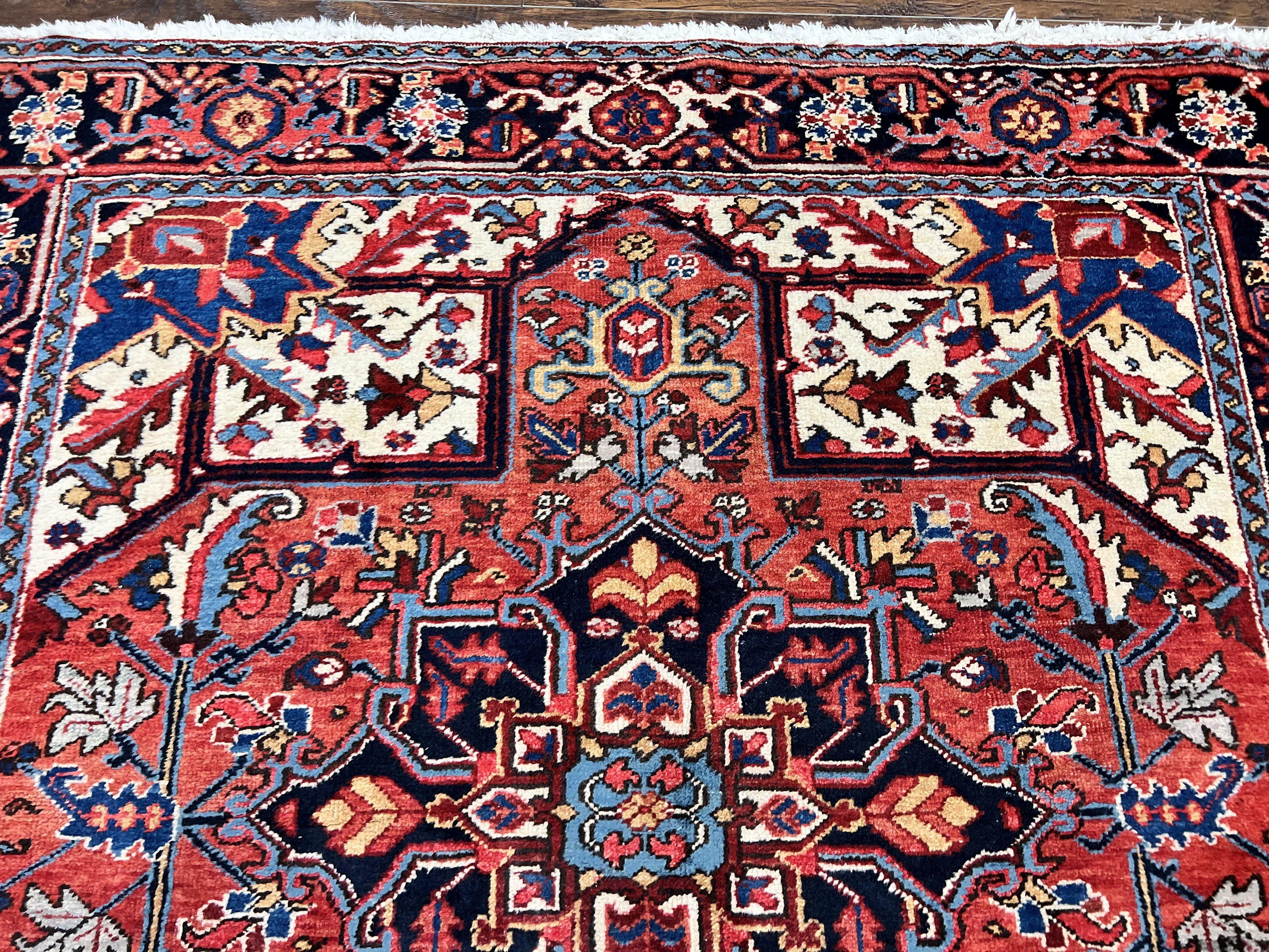 Persian Heriz Square Rug 6x6, Wool Hand Knotted Antique Carpet, Red Ivory & Navy Blue, Geometric Design Oriental Rug 6ft Square Handmade Rug - Jewel Rugs