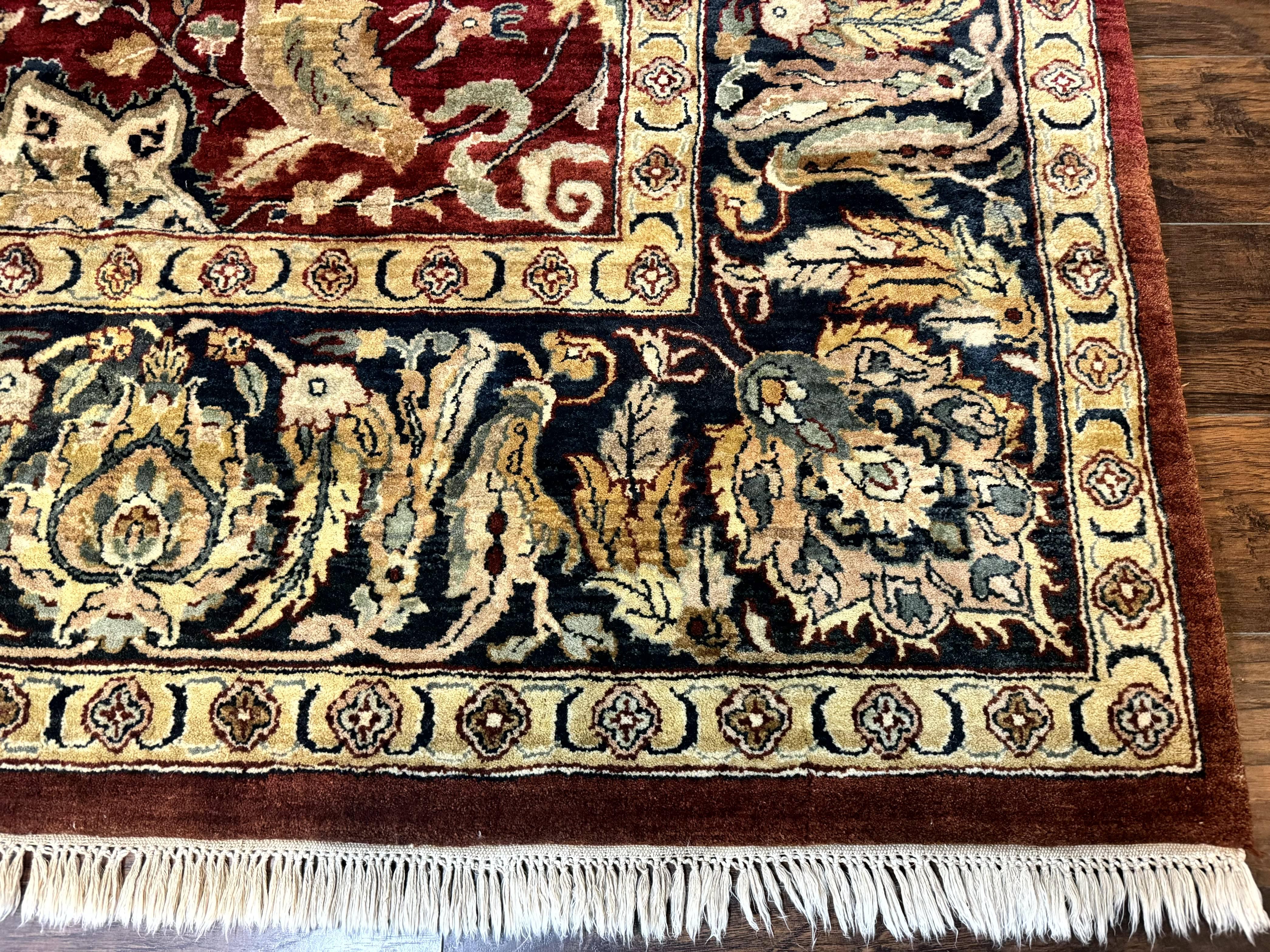 Indo Persian Rug 10x14, Indian Agra Carpet, Vintage Handmade Wool Large Traditional Rug, Dark Red Navy Blue Beige - Jewel Rugs