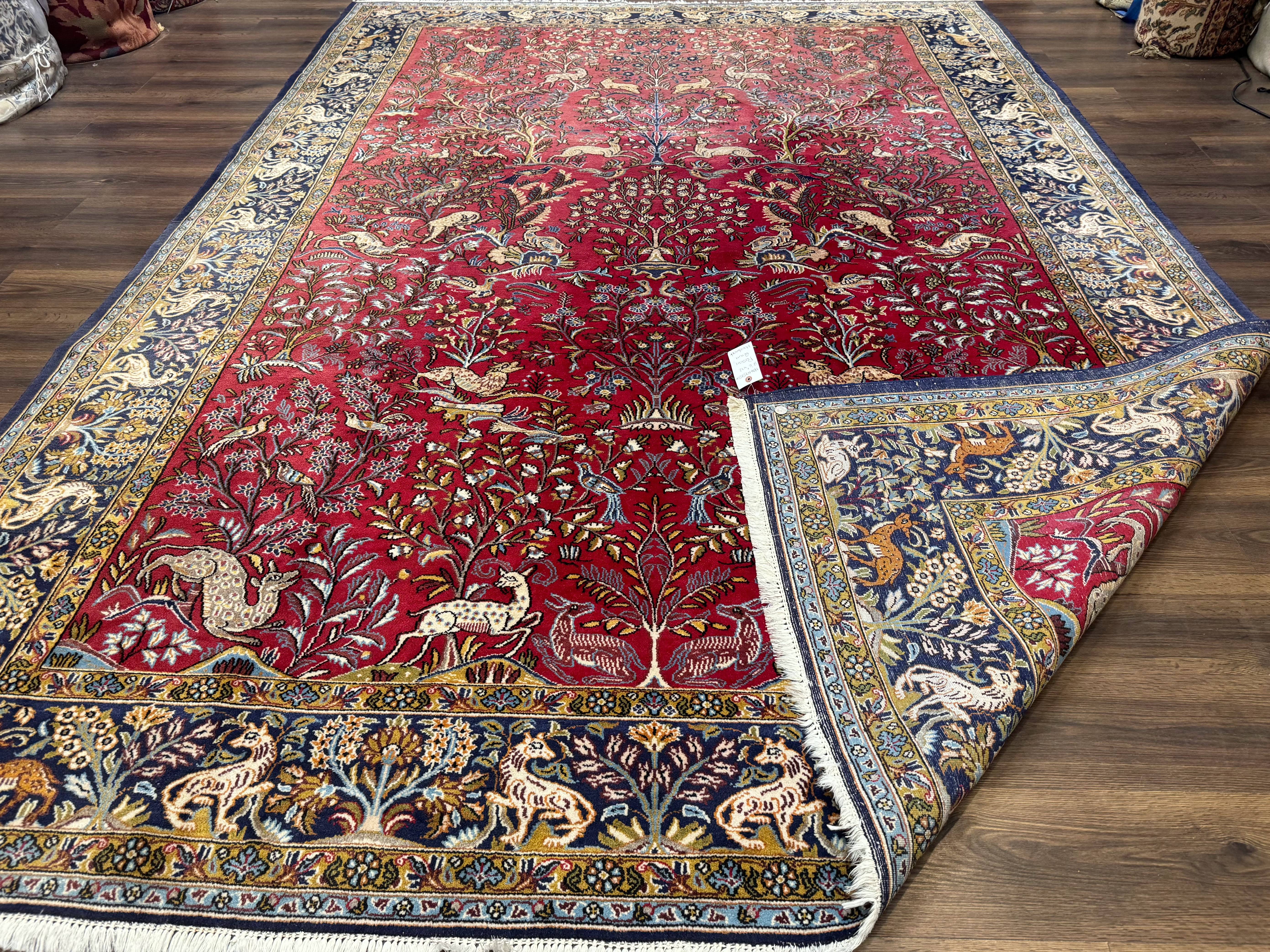 Persian Qum Rug 9x12, Animal Pictorials, Deer Birds, Tree of Life, Red and Navy Blue - Jewel Rugs