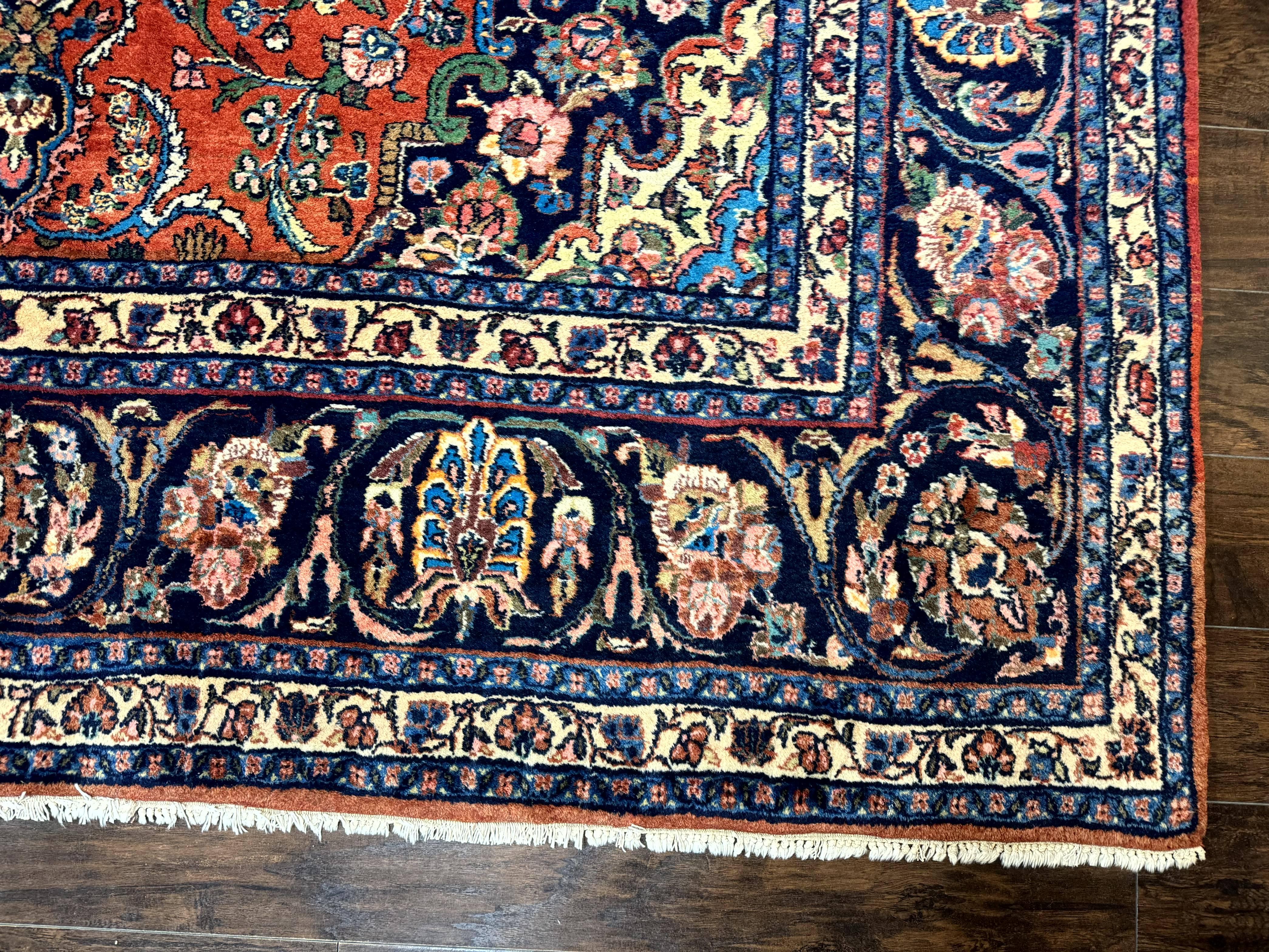 Palace Sized Antique Persian Rug 9x19, Handmade Wool Persian Carpet, Red Navy Blue, Floral Medallion - Jewel Rugs