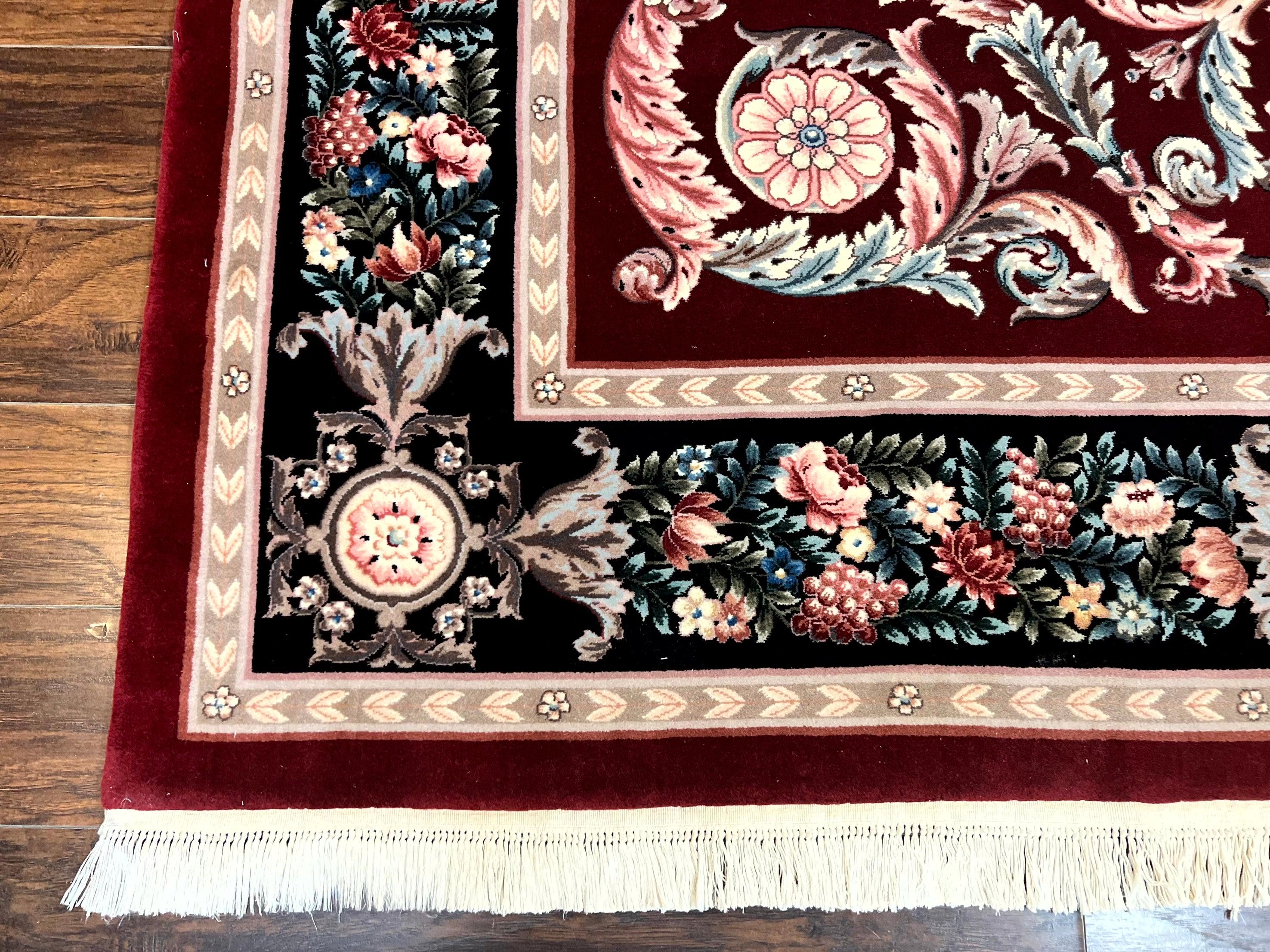 Chinese Aubusson Rug 9x12, Burgundy, Handmade Vintage Wool Carpet, Fine 210 KPSI, Elegant European Design - Jewel Rugs