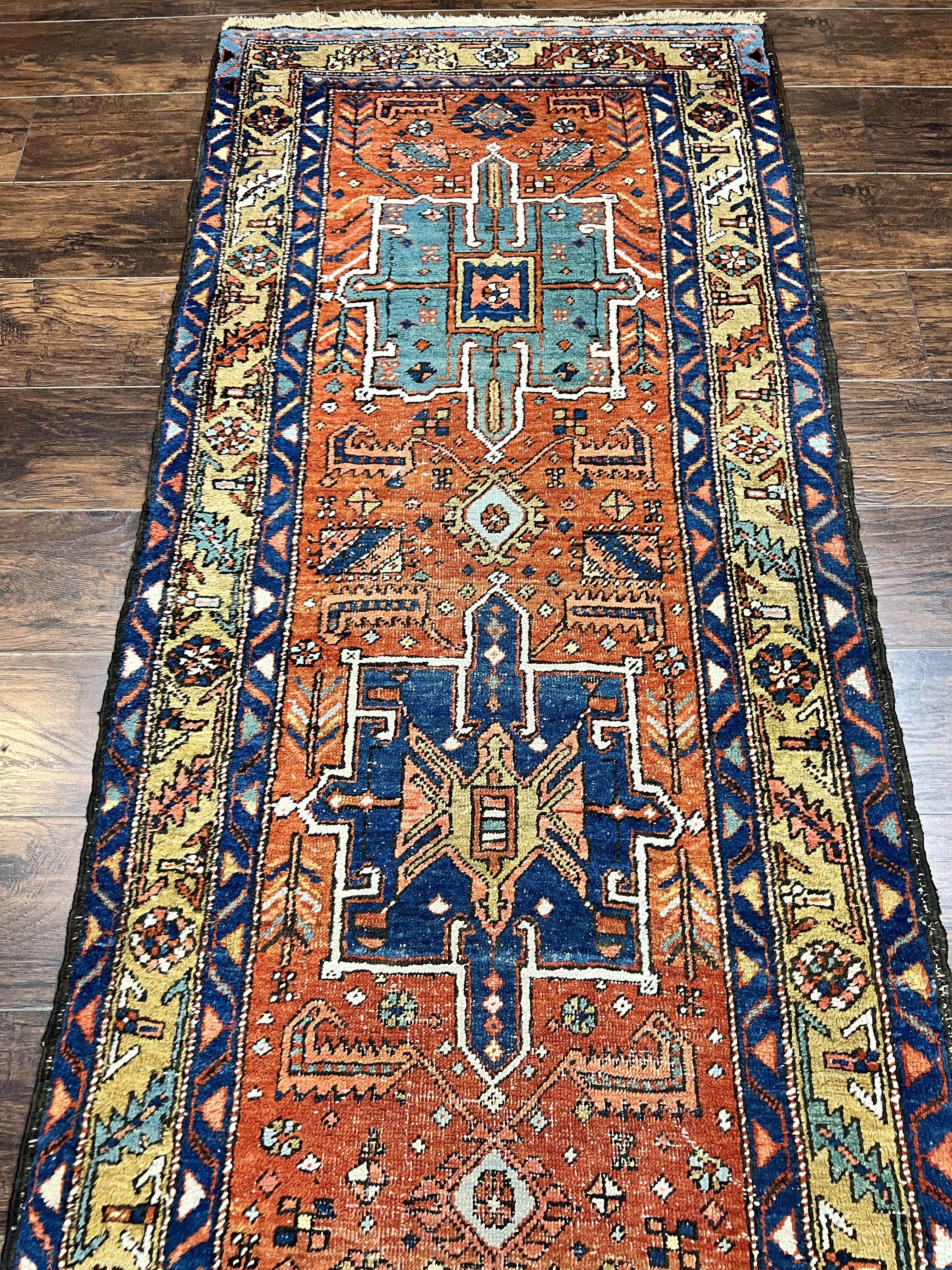 Colorful Persian Karajeh Runner Rug 3 x 10.7, Geometric Heriz Design, Antique Oriental Rug for Hallway, Orange-Red Blue, Handmade Tribal Runner - Jewel Rugs