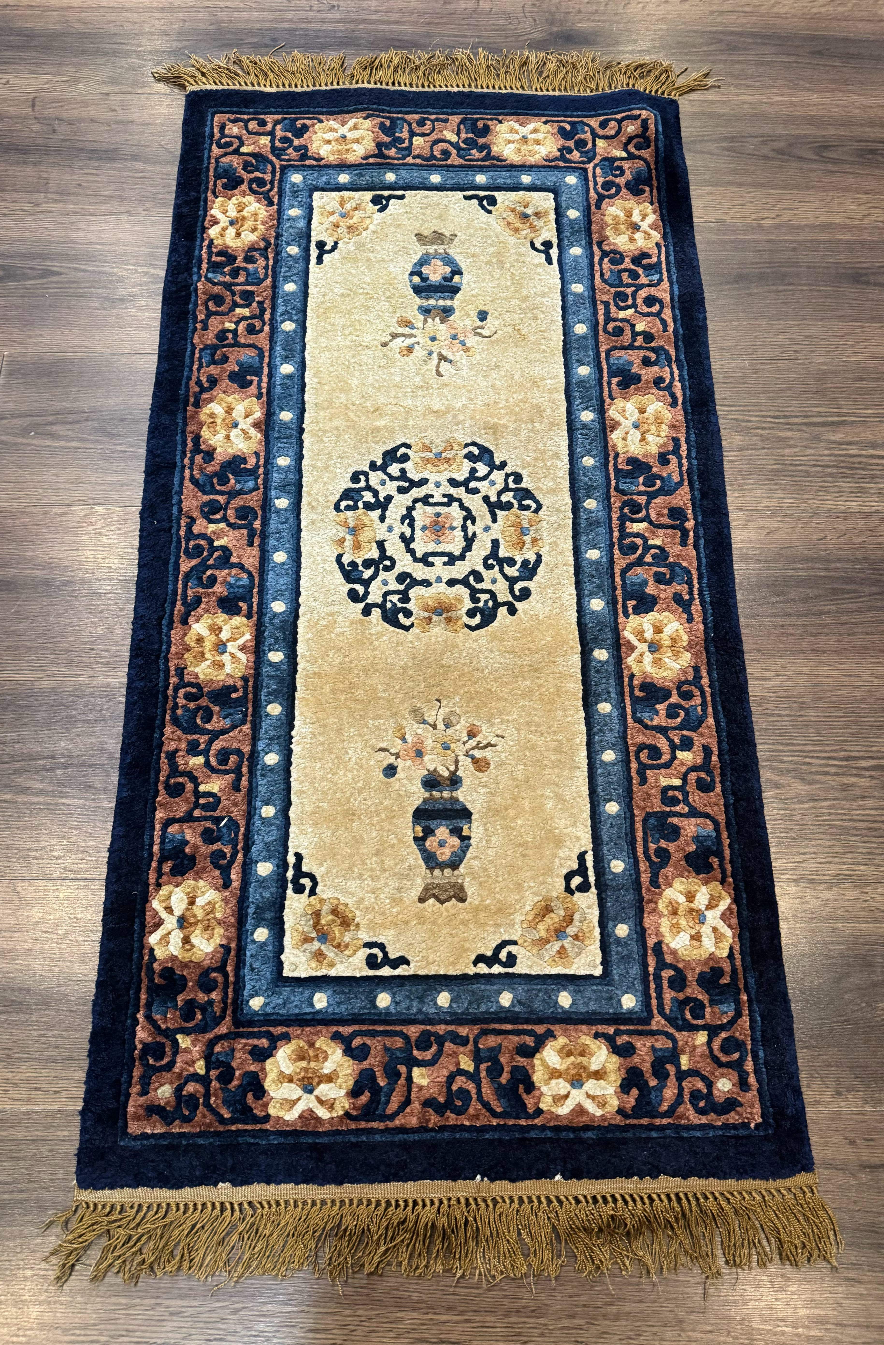 Silk Chinese Rug 2x4, Peking Carpet, Golden-Beige and Blue, Hand Knotted, Simple Design - Jewel Rugs