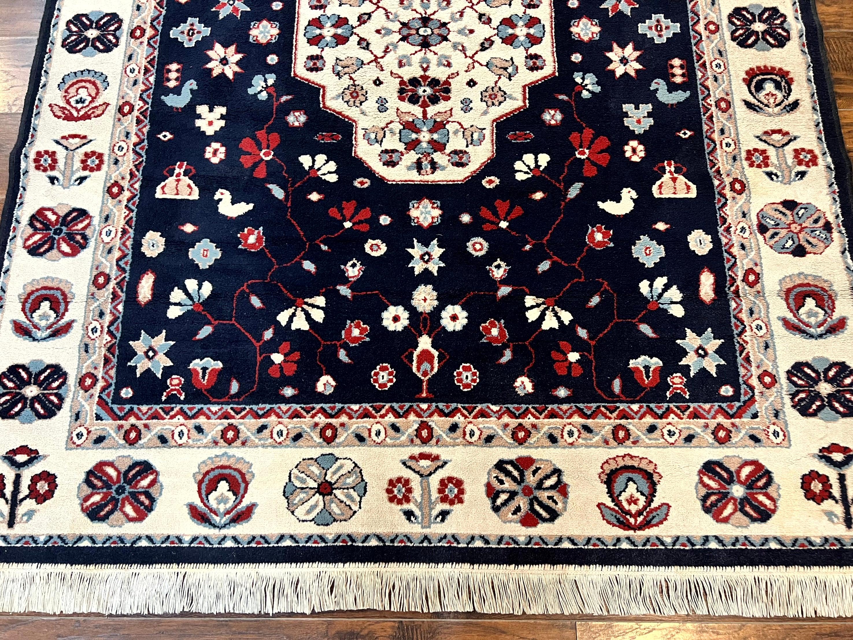 Belgium Power Loomed Rug 5.6 x 7, Navy Blue and Ivory, Heriz Pattern, Vintage Oriental Carpet - Jewel Rugs