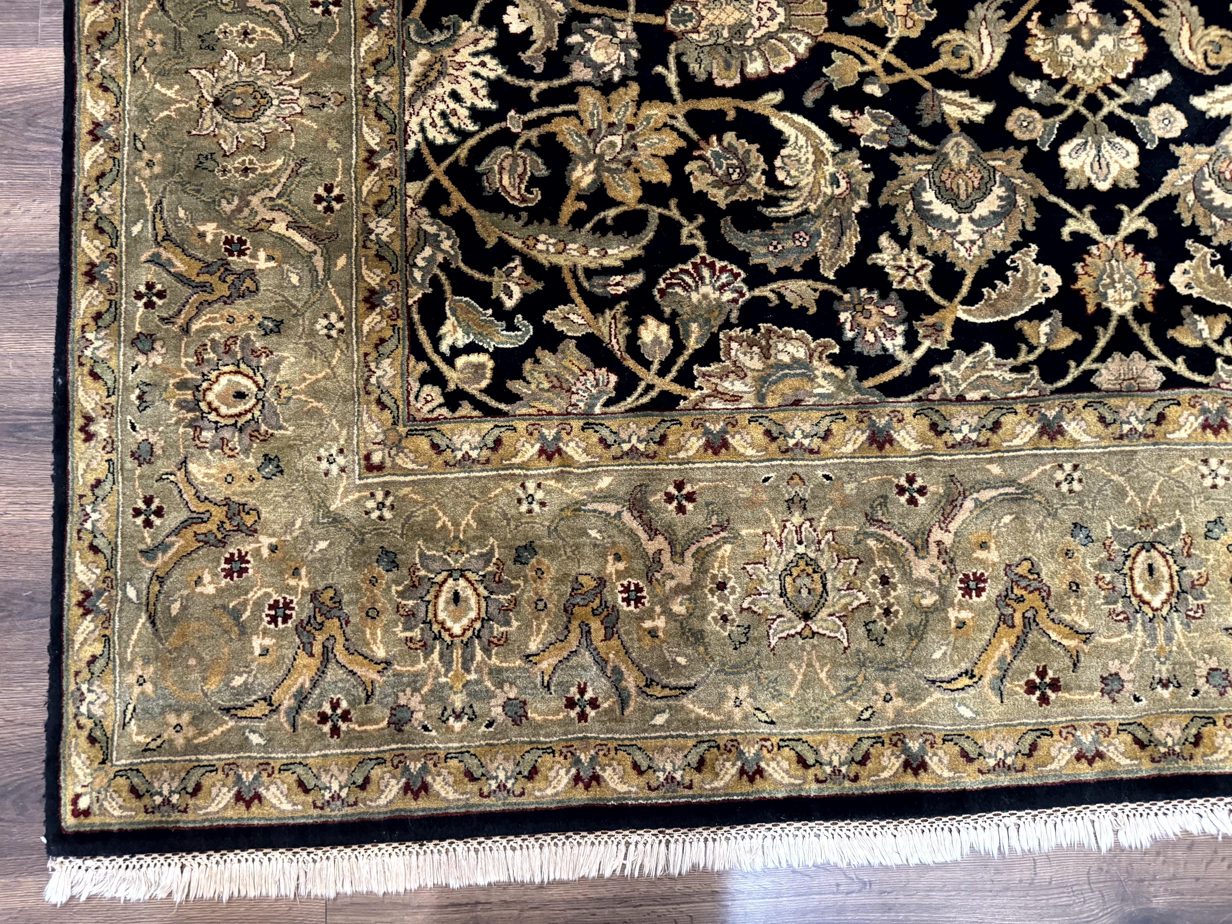 Indo Persian Rug 8x10, Black and Green, Wool, Handmade, Traditional, Floral Allover, Vintage - Jewel Rugs