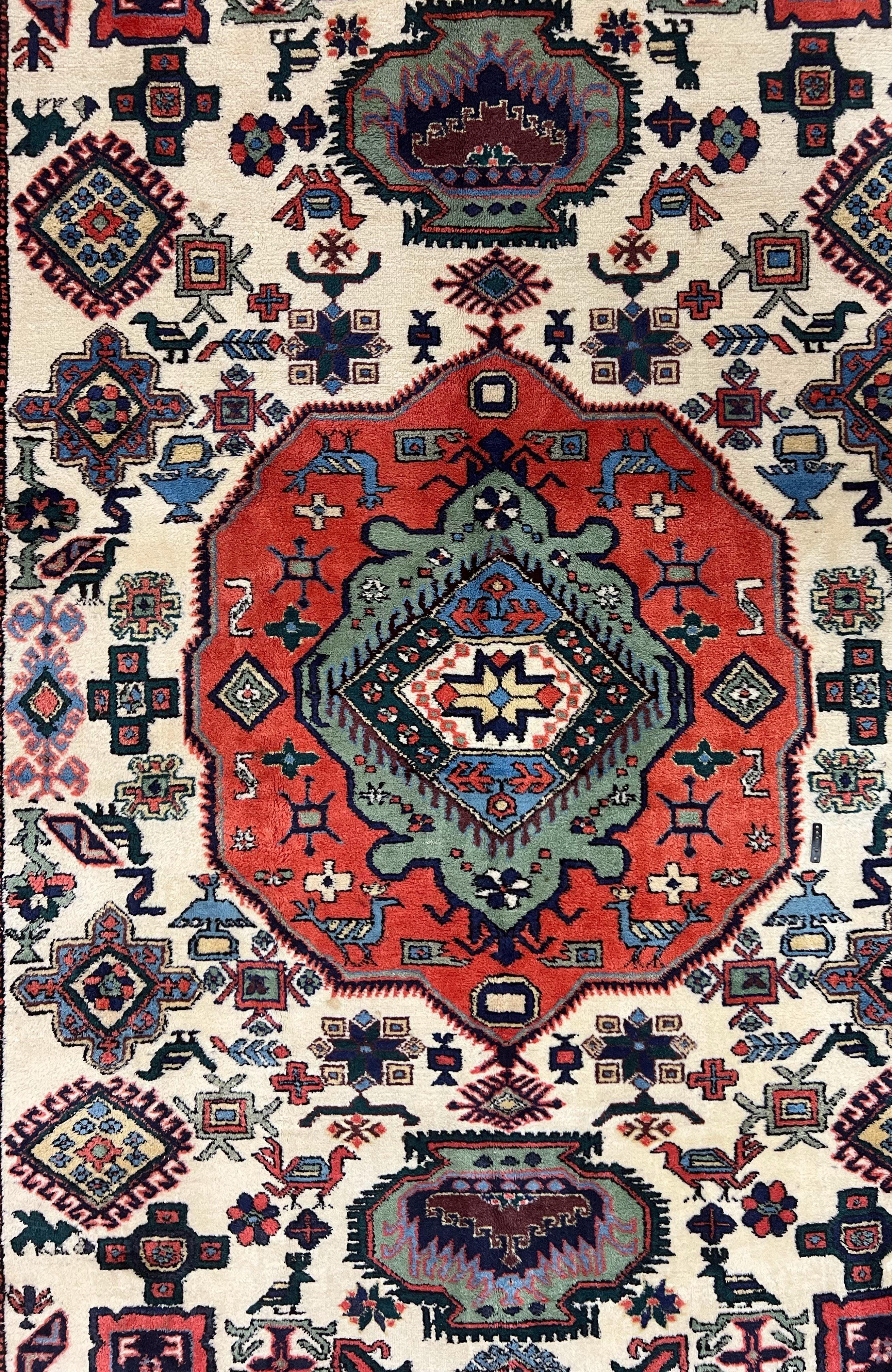 Persian Tribal Rug 8x11, Persian Ardabil Rug, Geometric Medallion Animal Pictorial Rug, Ivory Red Blue, Hand Knotted Vintage Wool Carpet - Jewel Rugs