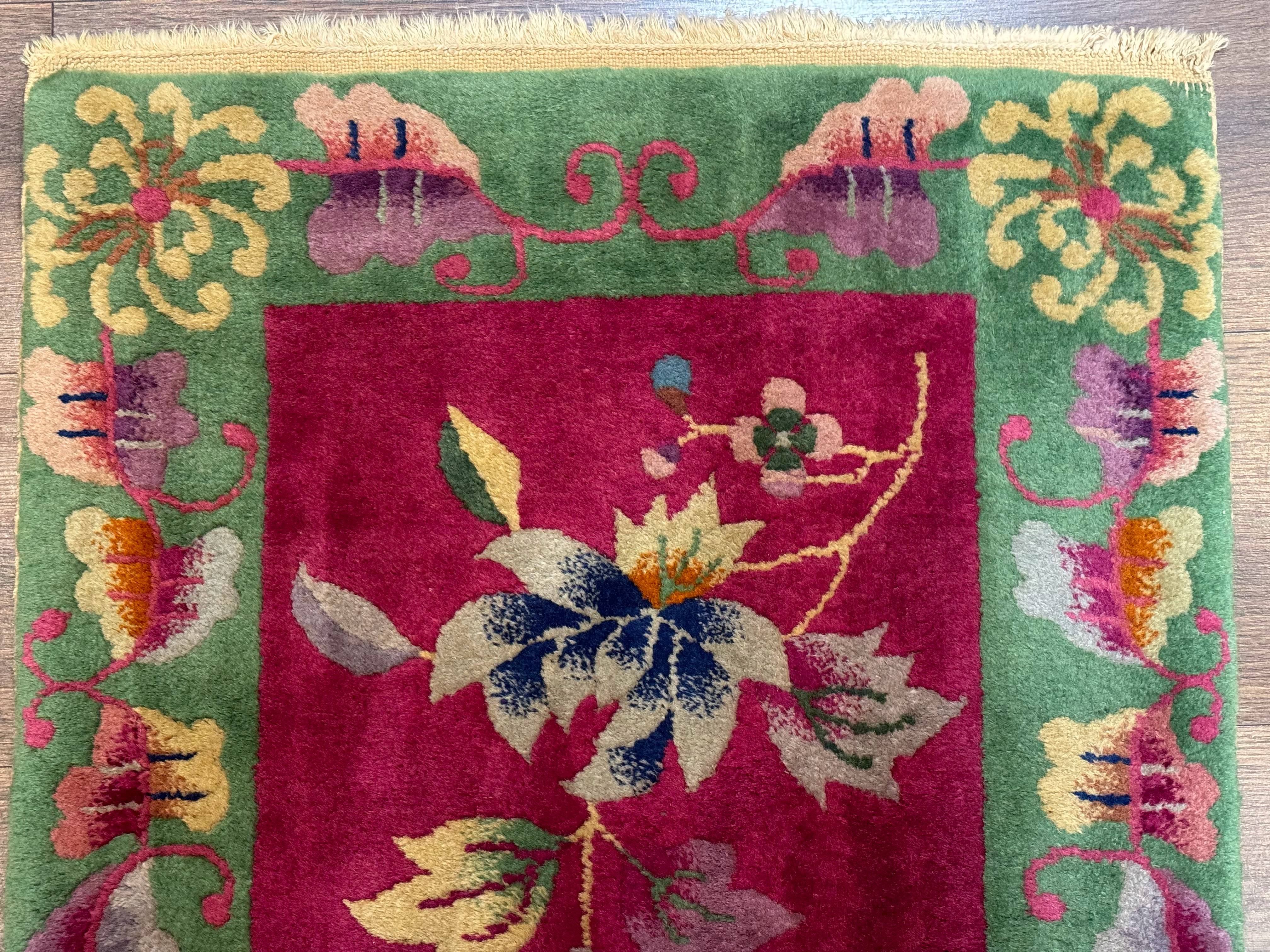 Small Chinese Art Deco Rug 2x4, Magenta and Green, Nichols Carpet, Floral, Wool - Jewel Rugs