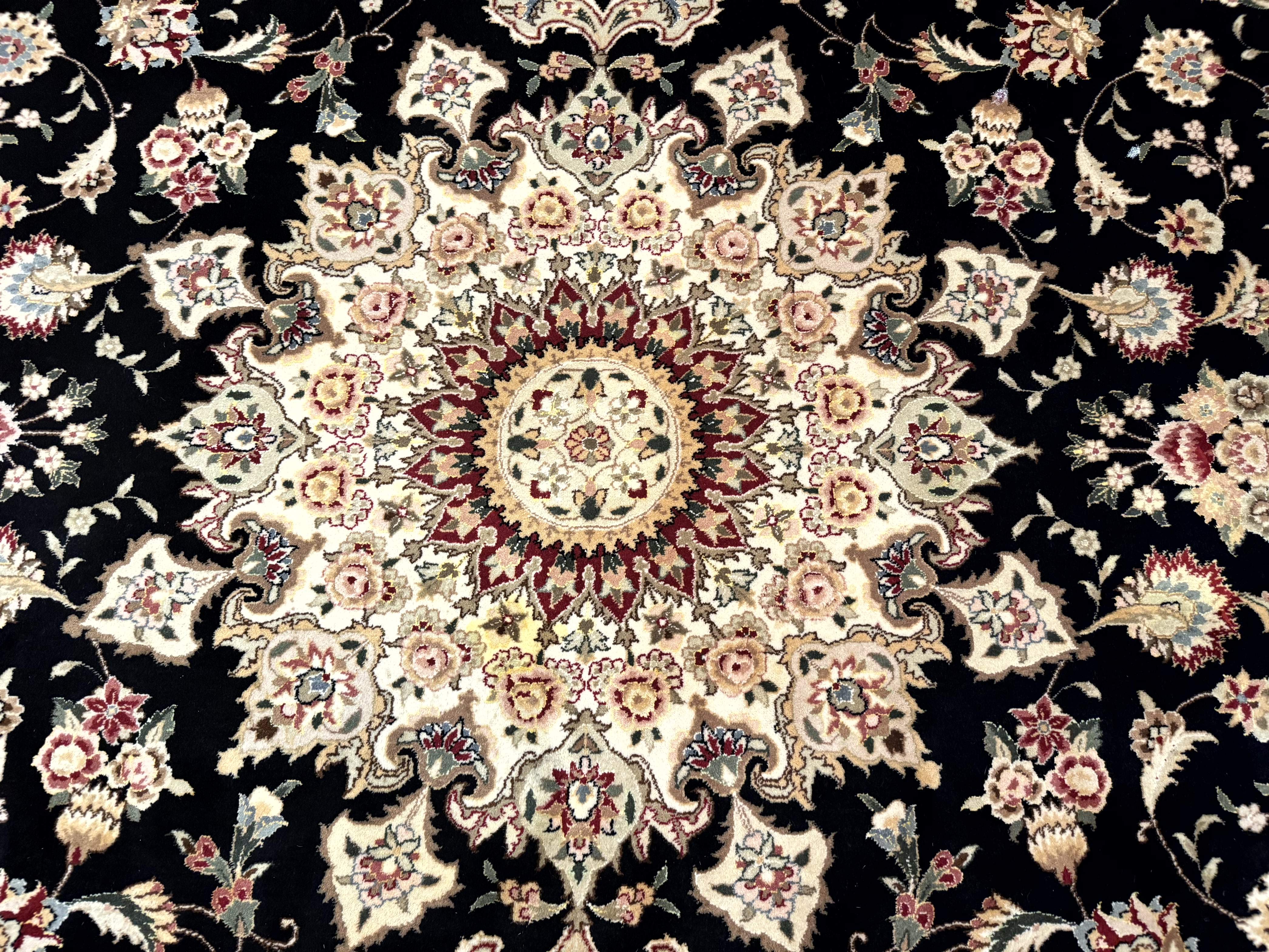 Sino Persian Rug 9x12, Black and Beige, Floral Medallion, Wool & Silk, Handmade - Jewel Rugs