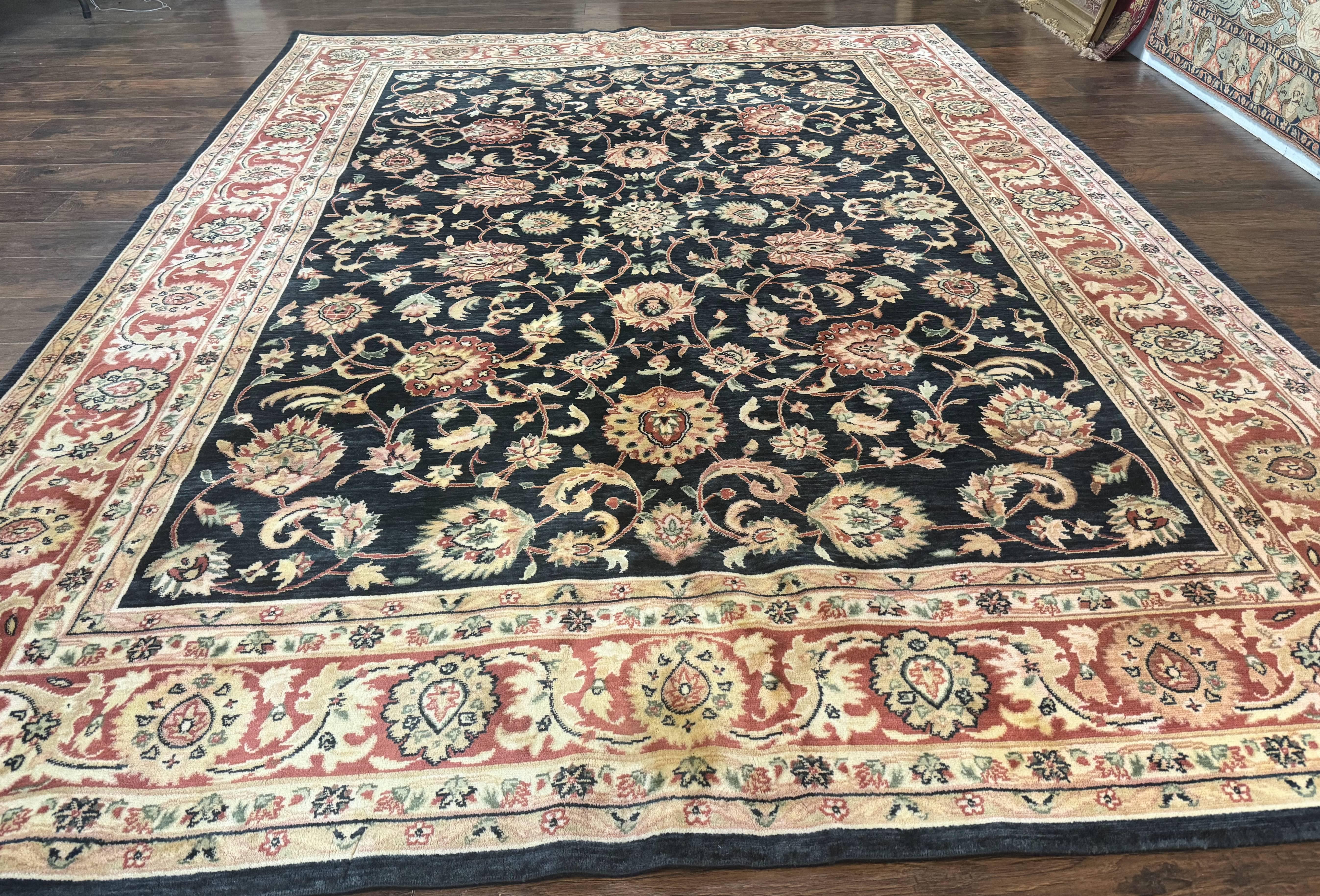 Vintage Oriental Rug 8x11, Floral Persian Design Carpet, Turkish Power Loomed Rug, Navy Blue Red Cream - Jewel Rugs