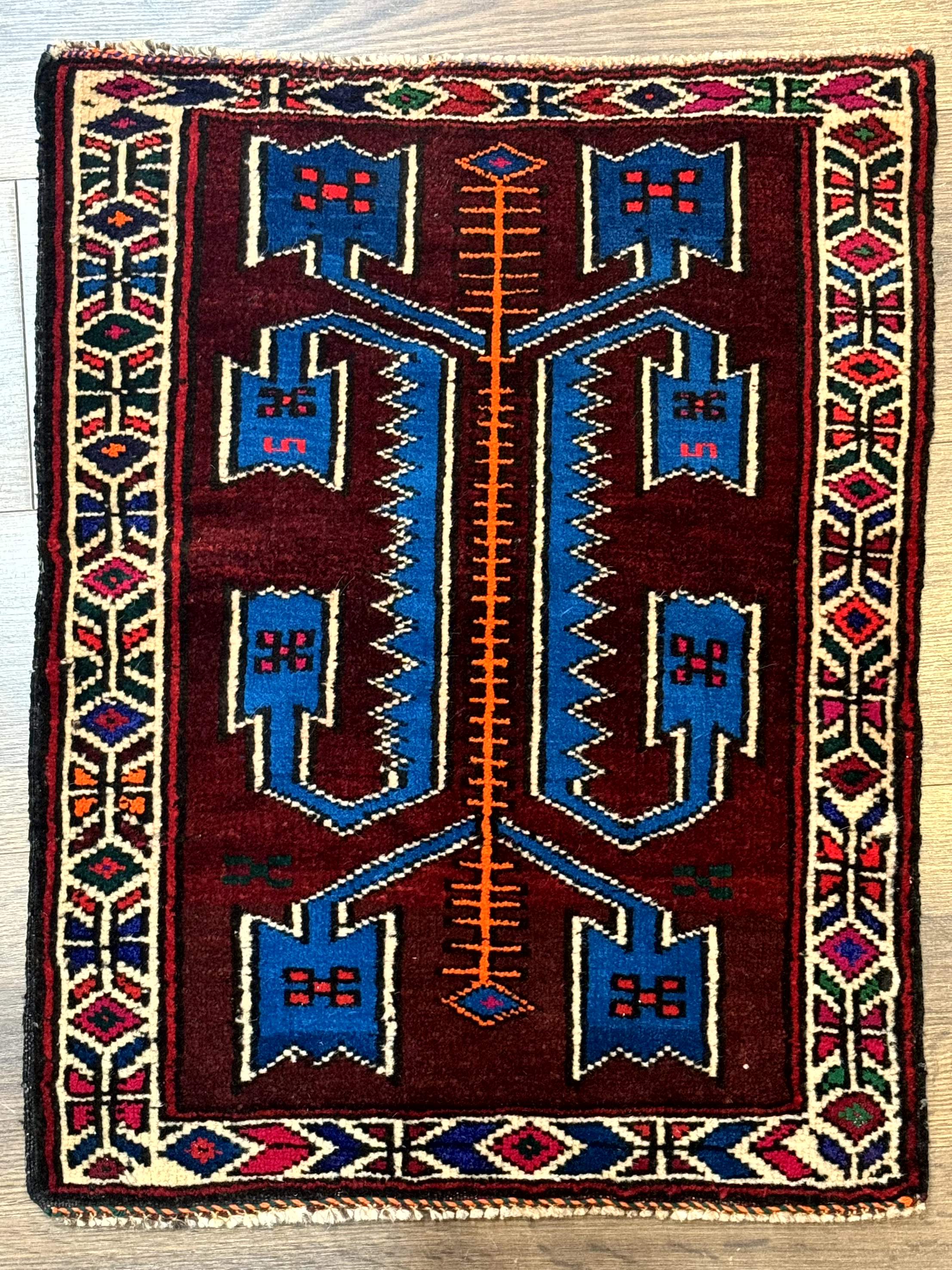 Persian Tribal Rug 1.8 x 2, Small Balouchi Rug, Unique Design, Burgundy and Blue - Jewel Rugs