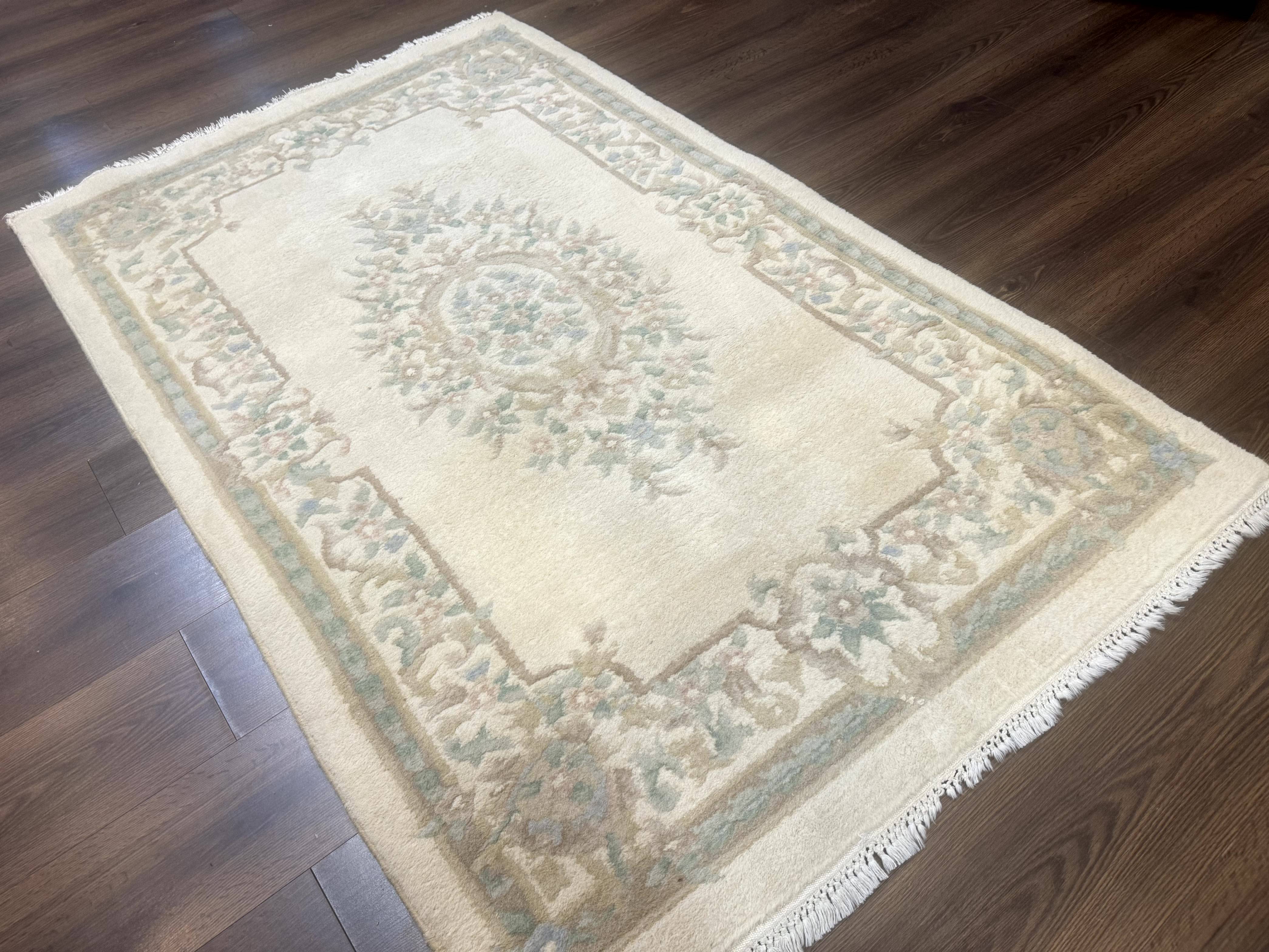 Indo Chinese Wool Rug 4x6, Aubusson Design, Ivory - Jewel Rugs