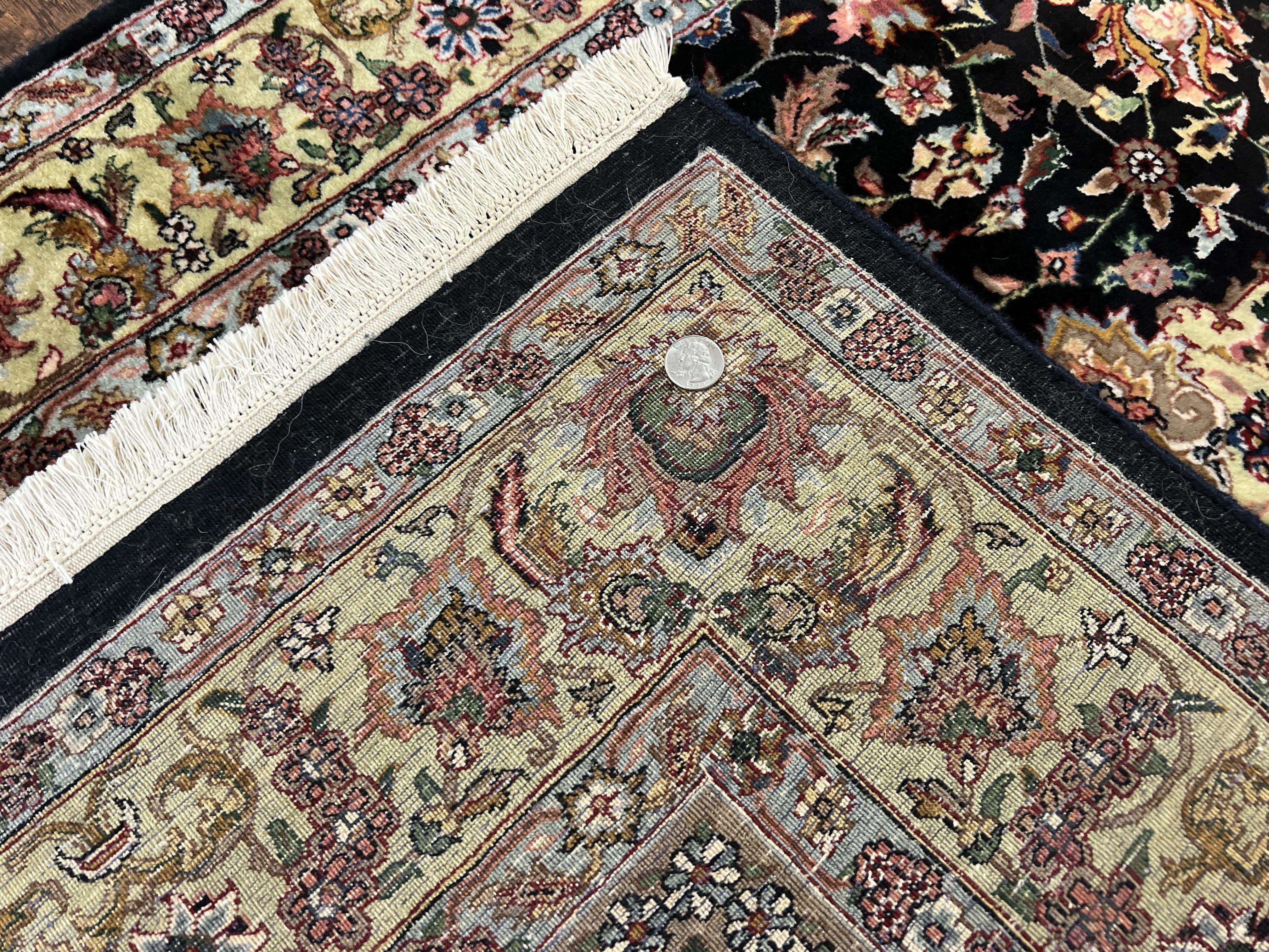 Indo Persian Rug 4x6, Fine Highly Detailed Indian Oriental Carpet 4 x 6 ft, Floral Medallion, Unique Colors, Black Light Gold, Wool Handmade - Jewel Rugs