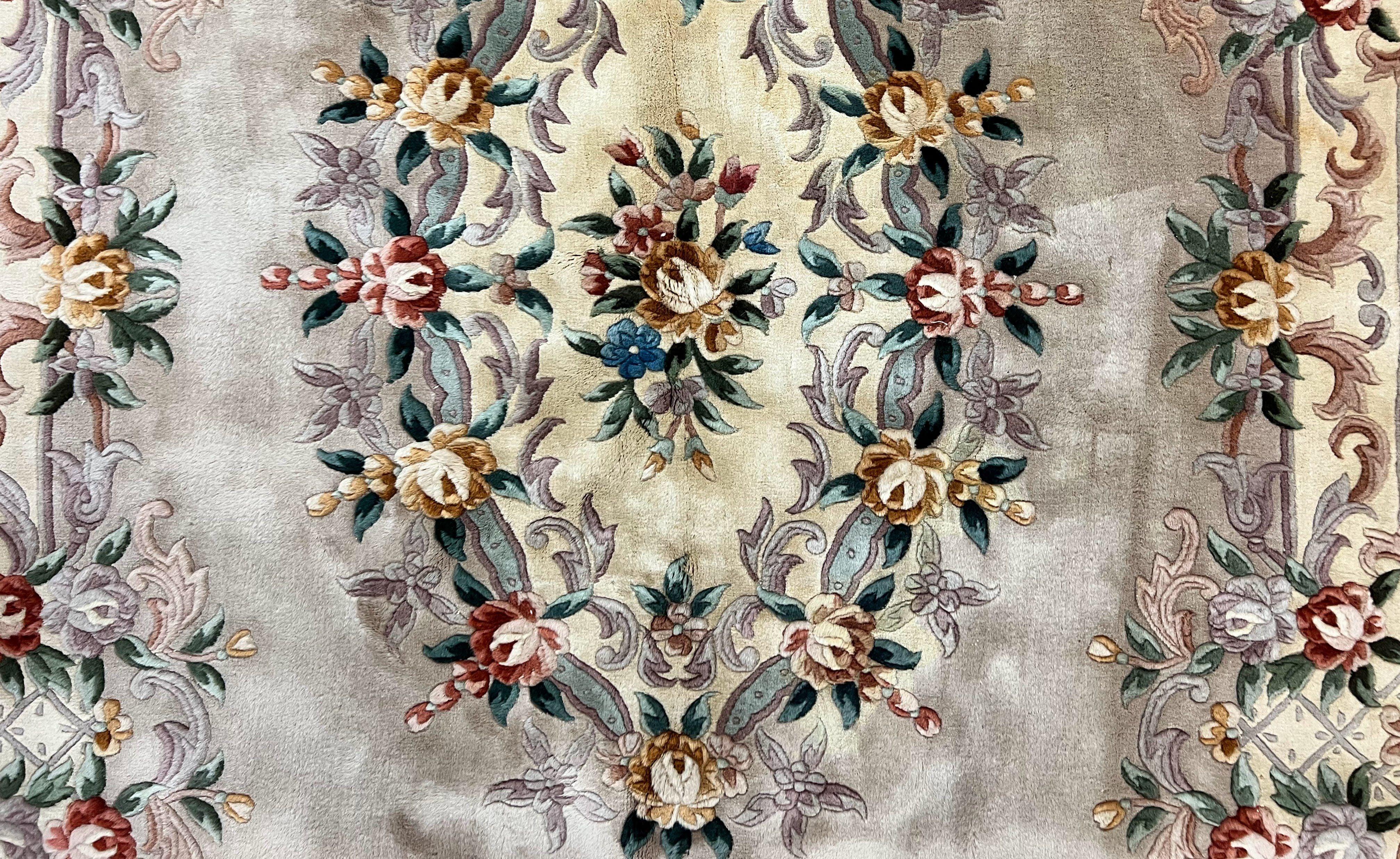 Chinese 90 Line Rug, Aubusson Rug 6x9, Wool Hand Knotted Vintage Carpet, Art Deco Rug 6 x 9 ft, Soft Pile - Jewel Rugs