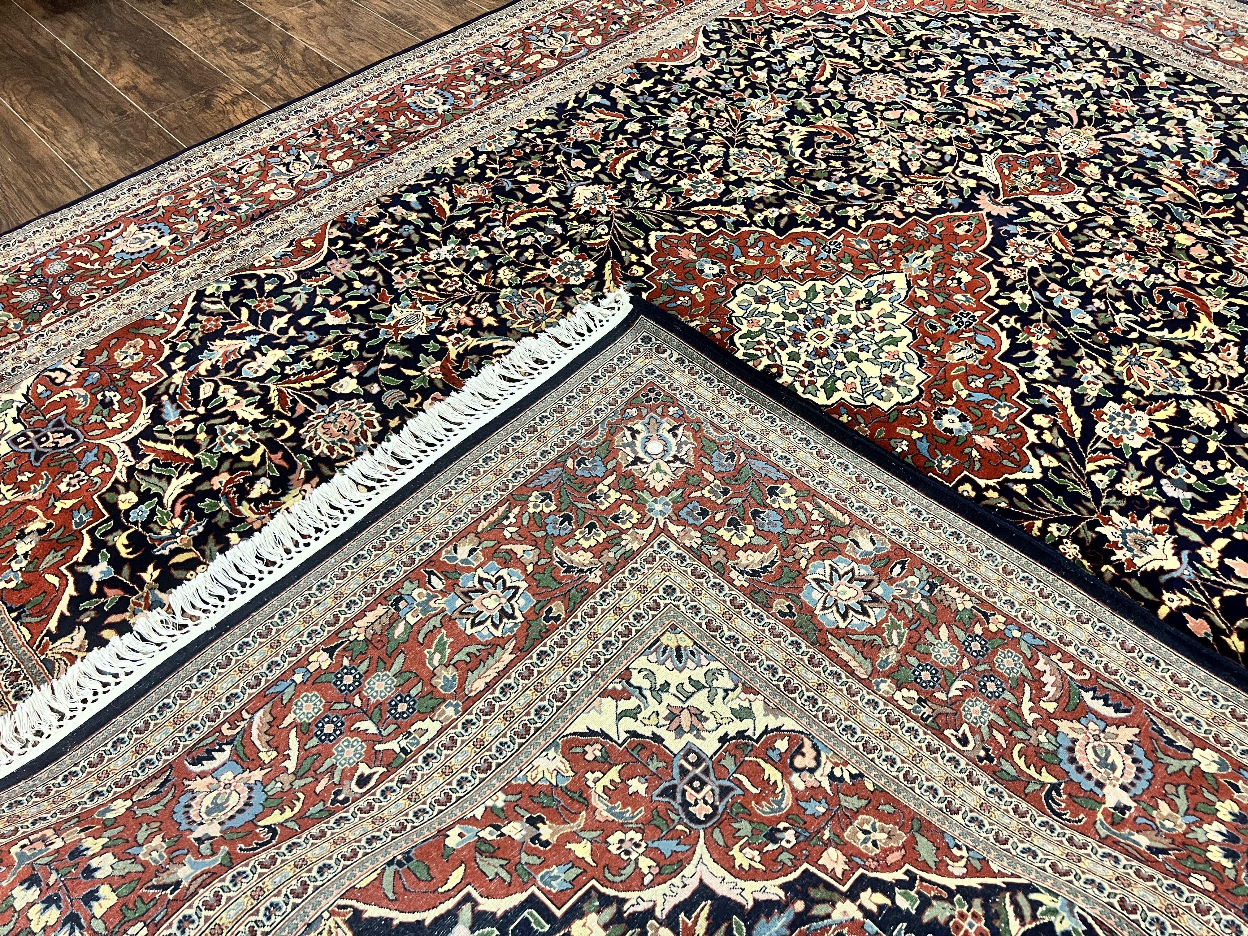Indo Persian Rug 8x10, Floral Medallion, Vintage Handmade Wool Carpet, Navy Blue and Red, Fine 300 KPSI - Jewel Rugs
