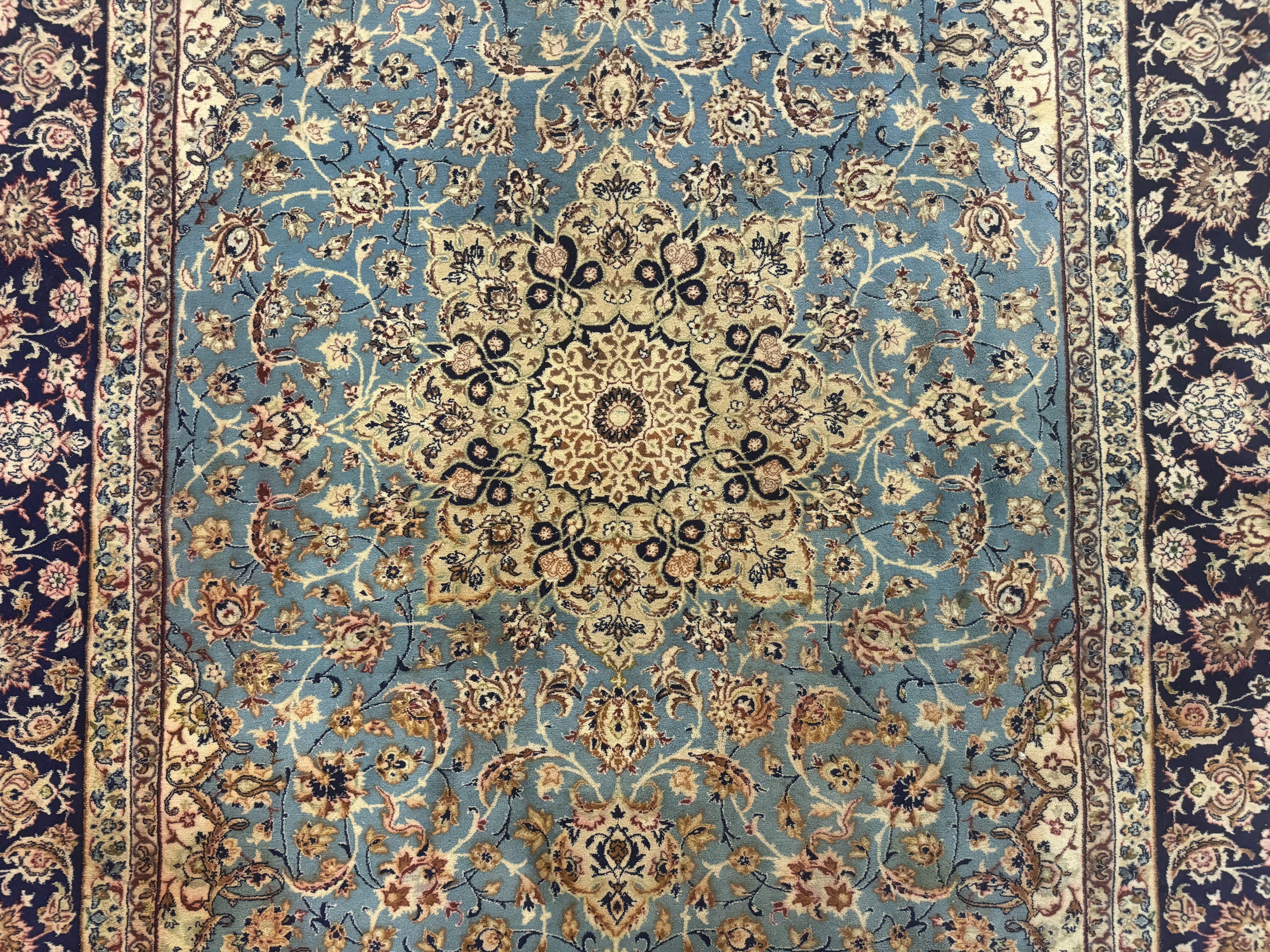 Light Blue Persian Isfahan Rug 5x8, Floral Medallion, Wool on Silk Foundation, Very Fine 530 KPSI, Handmade Carpet - Jewel Rugs