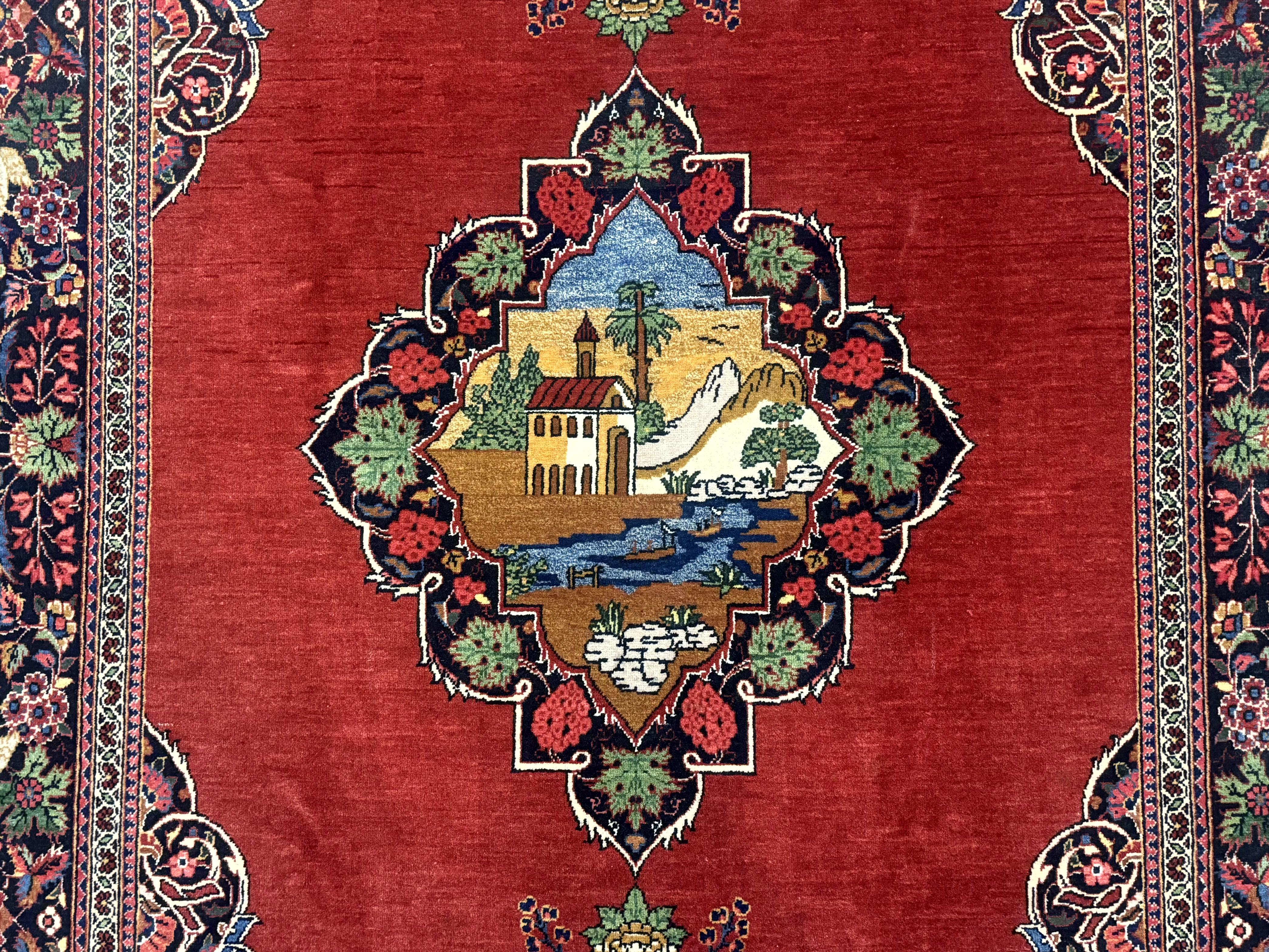 Red Persian Kashan Rug 4x6, Very Fine 260 KPSI, Red and Navy Blue Persian Carpet, Semi Open Field - Jewel Rugs