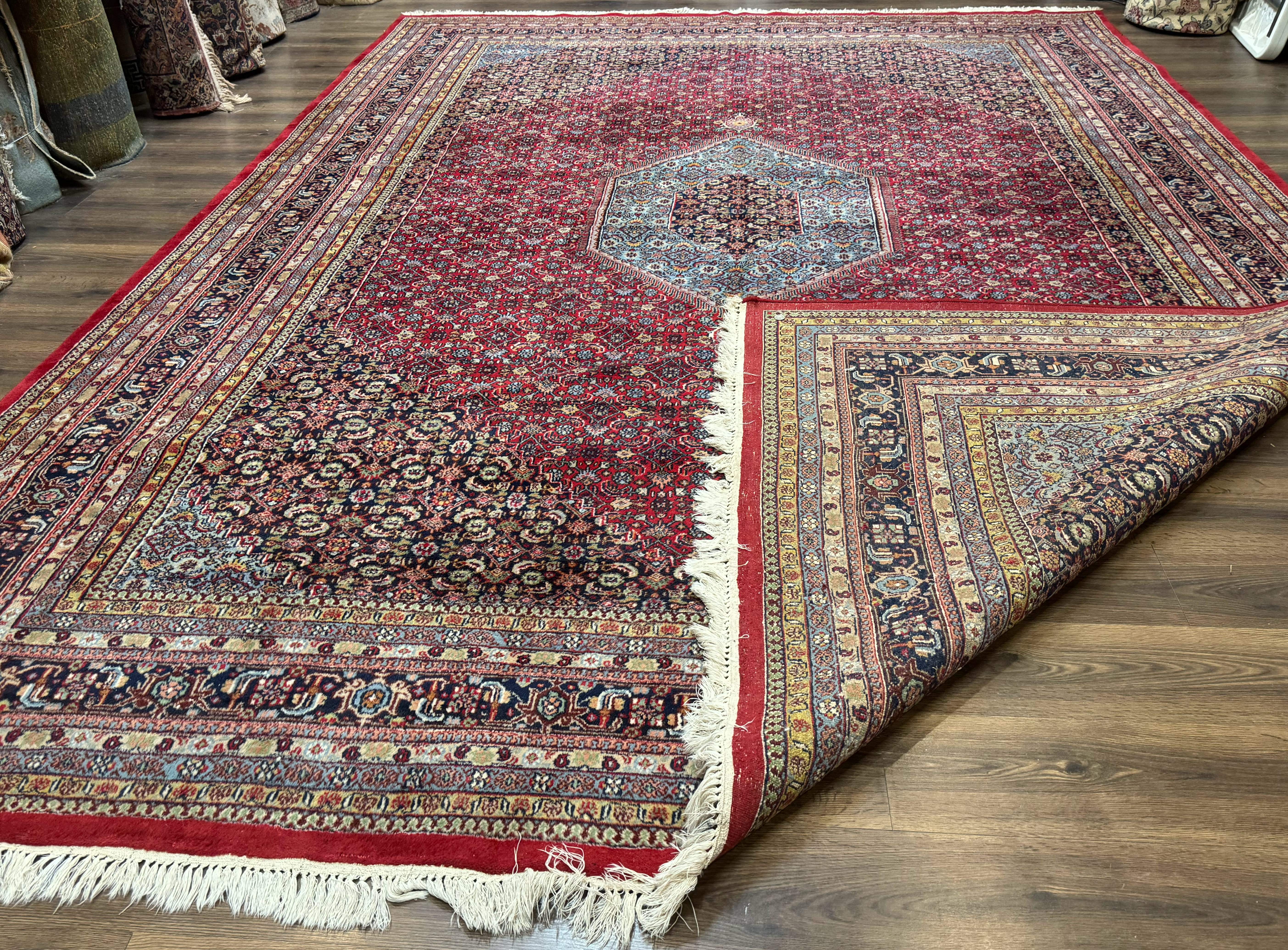 Indo Persian Bidjar Rug 10x14, Red and Dark Blue, Herati Mahi Pattern, Vintage - Jewel Rugs