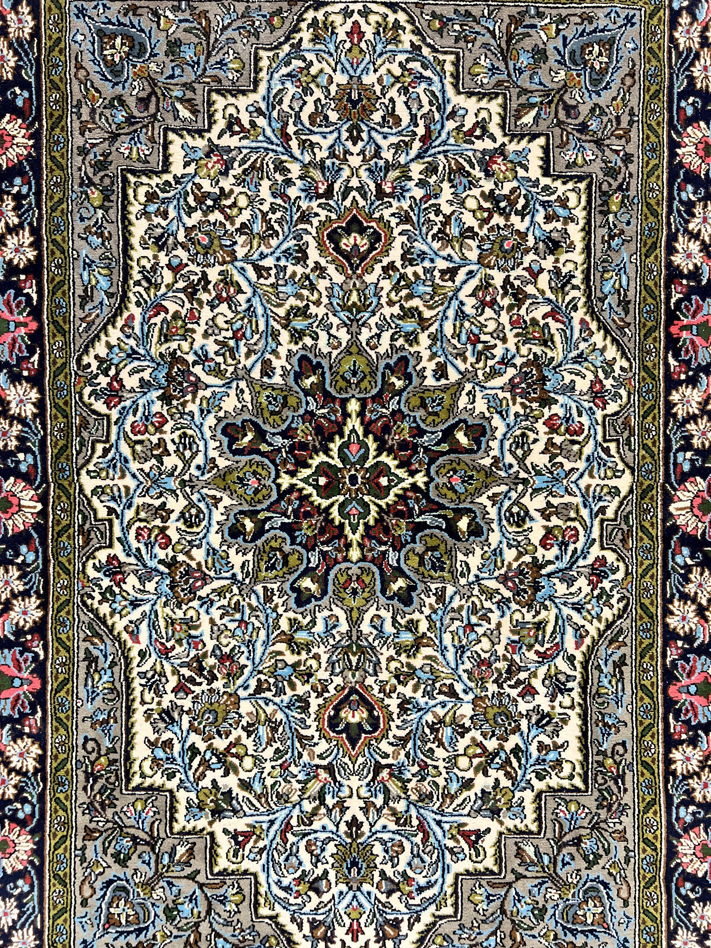 Persian Qum Rug 3x5, Wool with Silk Highlights, Handmade Semi Antique Carpet, Ivory & Navy Blue, Floral Medallion, Finely Hand Knotted - Jewel Rugs