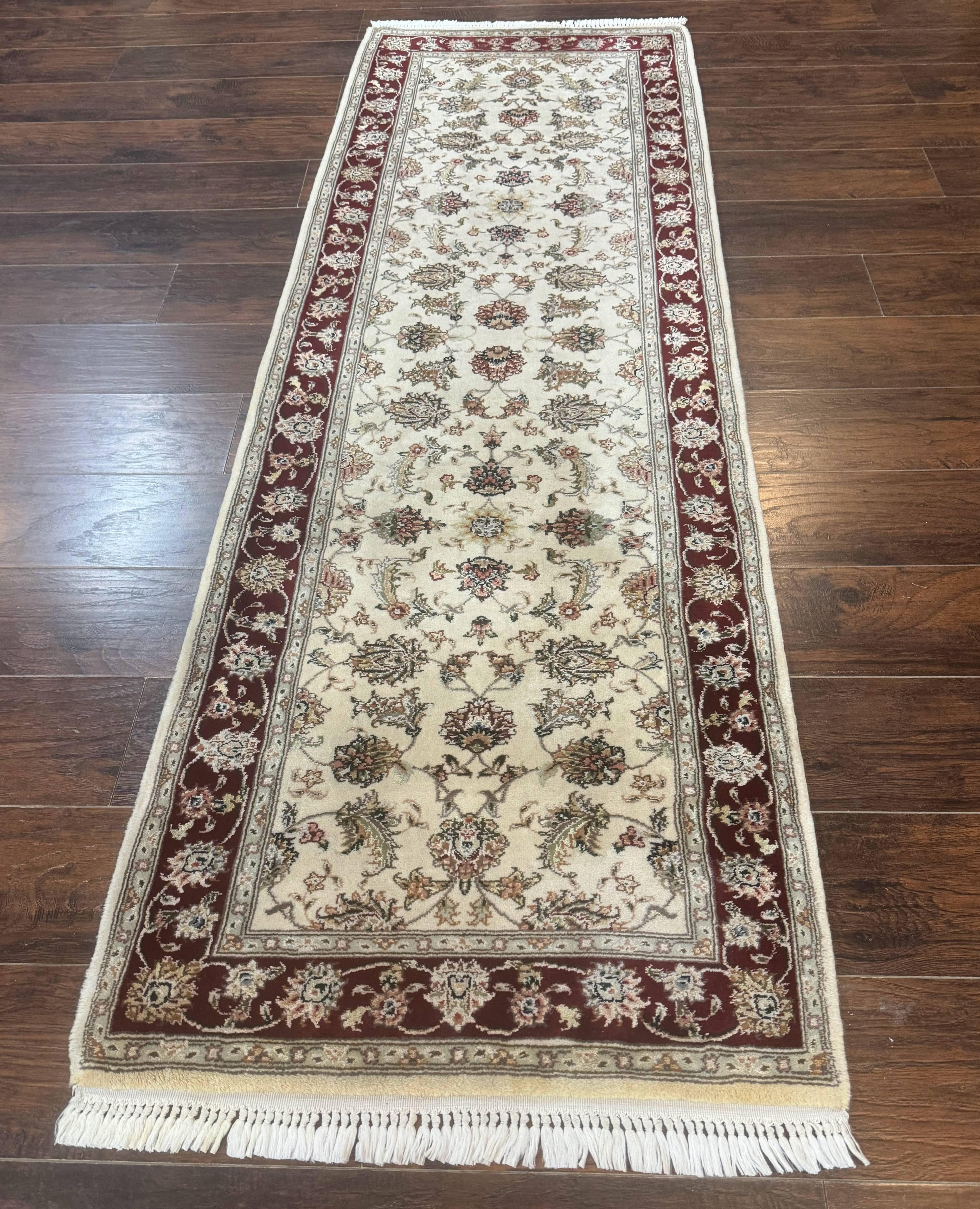 Pak Persian Runner Rug 2.8 x 8, Handmade Vintage Carpet, Beige and Maroon, Wool and Silk Highlights - Jewel Rugs