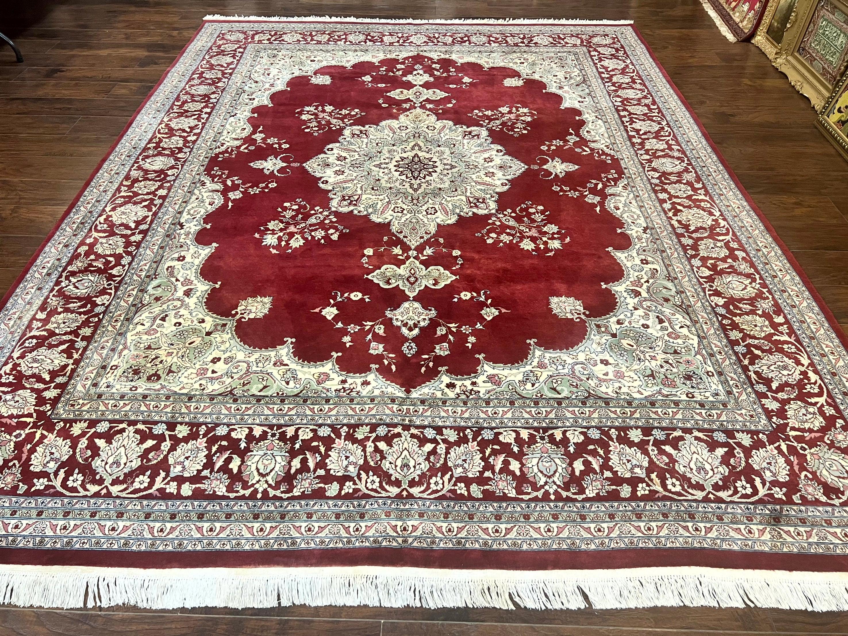 Pak Persian Rug 9x12, Handmade Vintage Traditional Wool Carpet, Floral Medallion, Dark Red Ivory/Cream, Fine 250 KPSI - Jewel Rugs