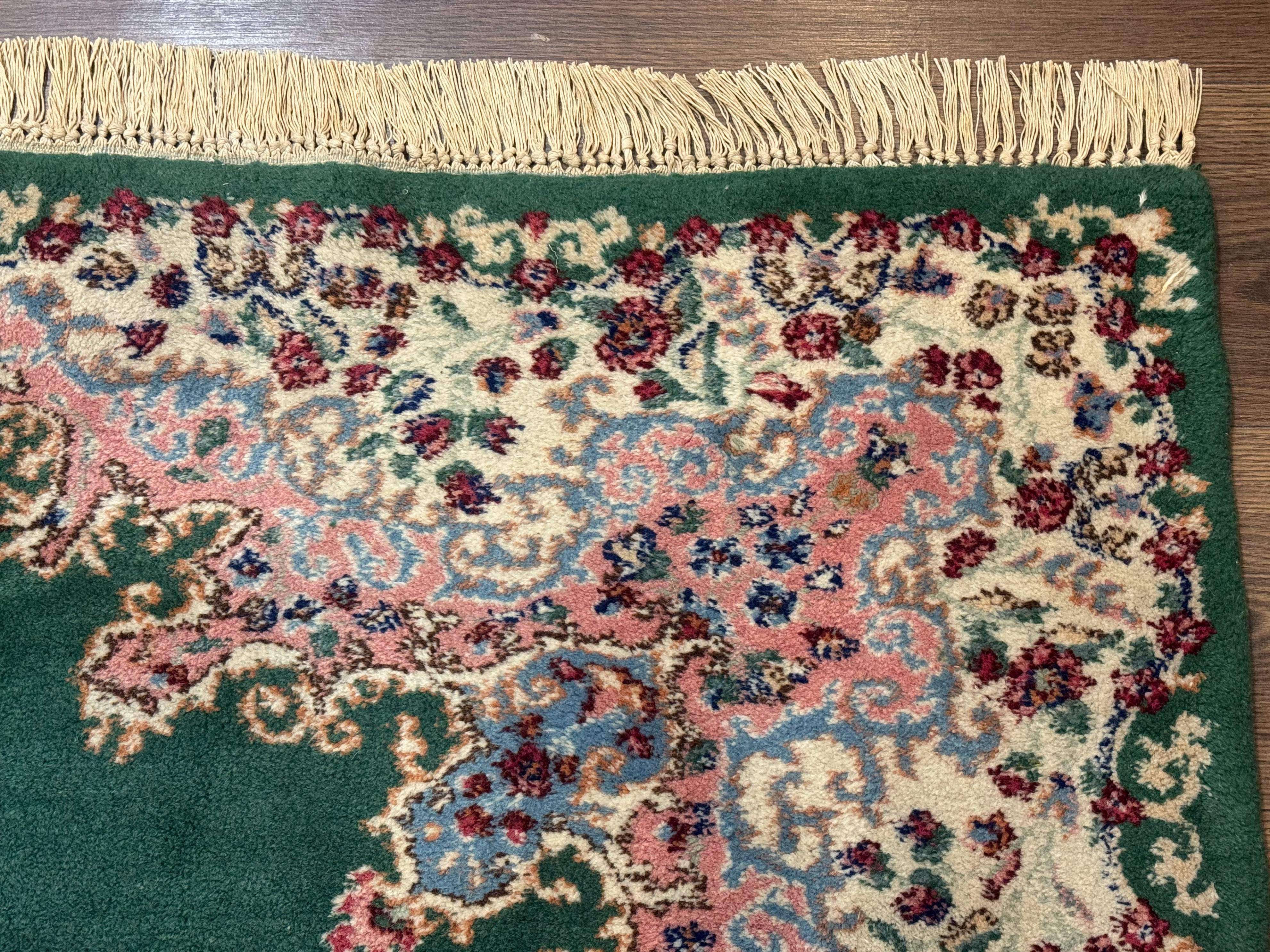 Persian Kerman Rug 4x6, Green Ivory Pink, Wool Vintage, Semi Open Field - Jewel Rugs
