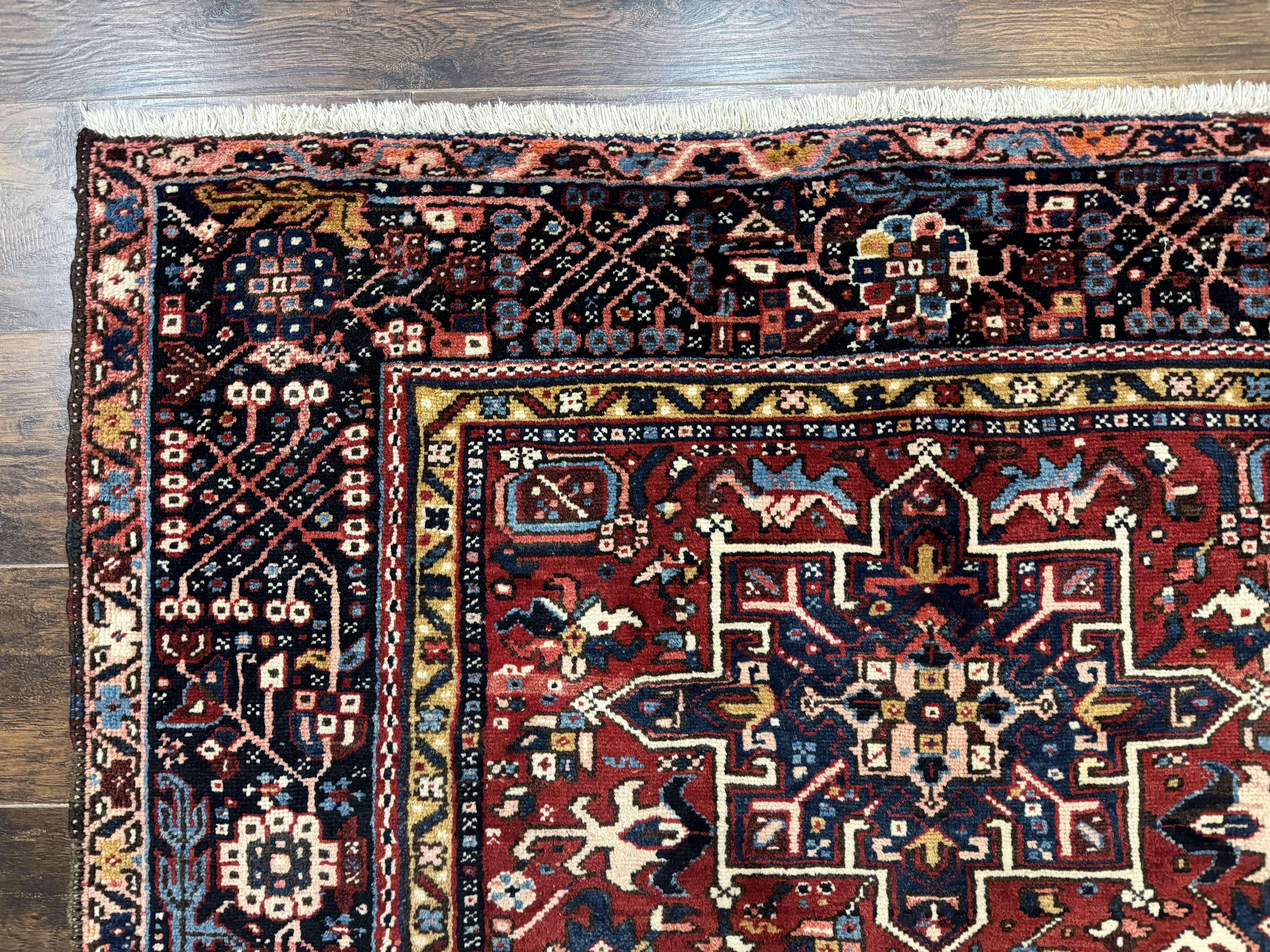Persian Karajeh Rug 5x6, Antique Heriz Carpet, Geometric, Persian Tribal Rug, Brick Red Navy Blue - Jewel Rugs