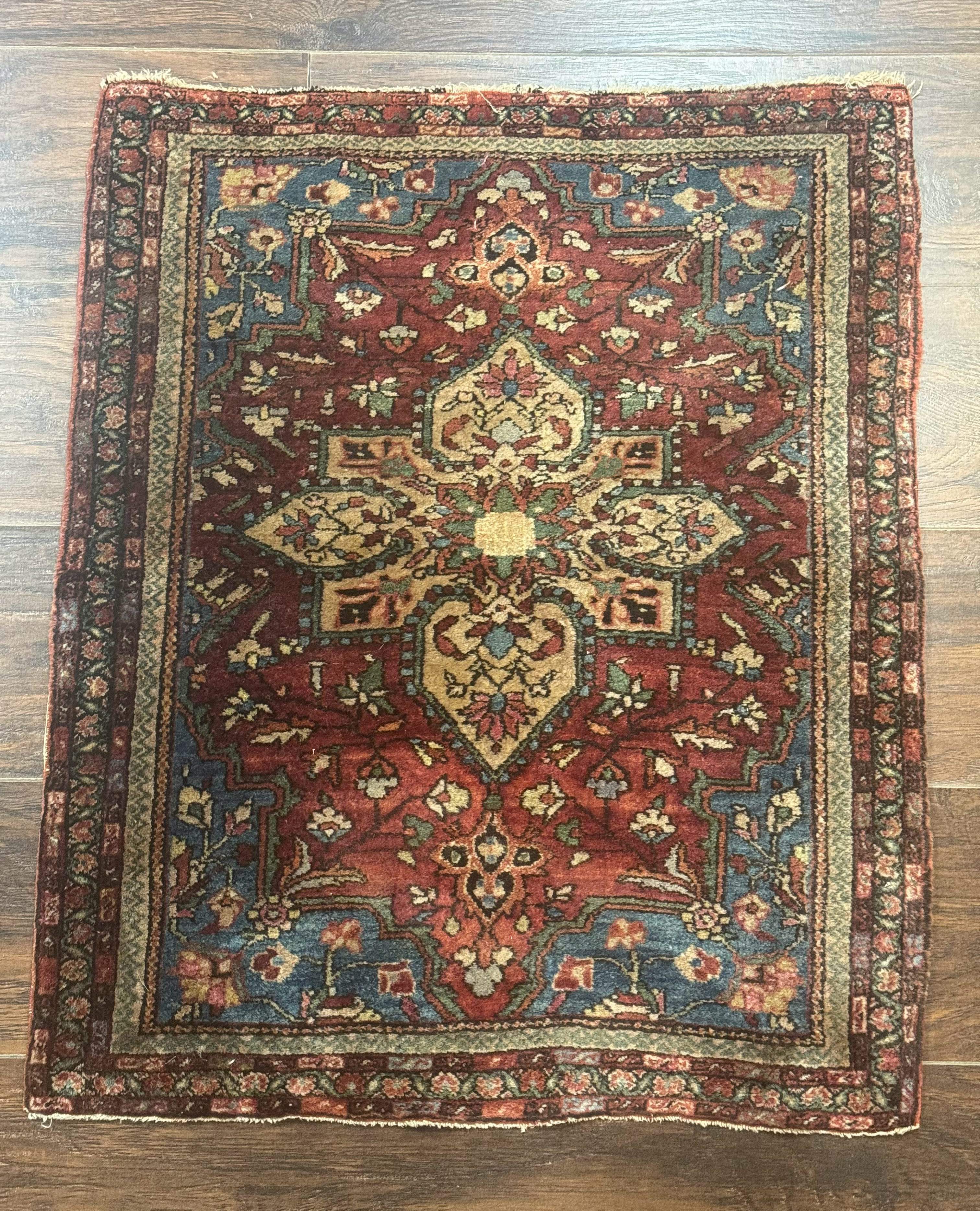 Sarouk Farahan Rug 2x3 - Rust Red and Light Blue, Handmade Wool Persian Small Scatter Rug, Antique, 225 KPSI - Jewel Rugs
